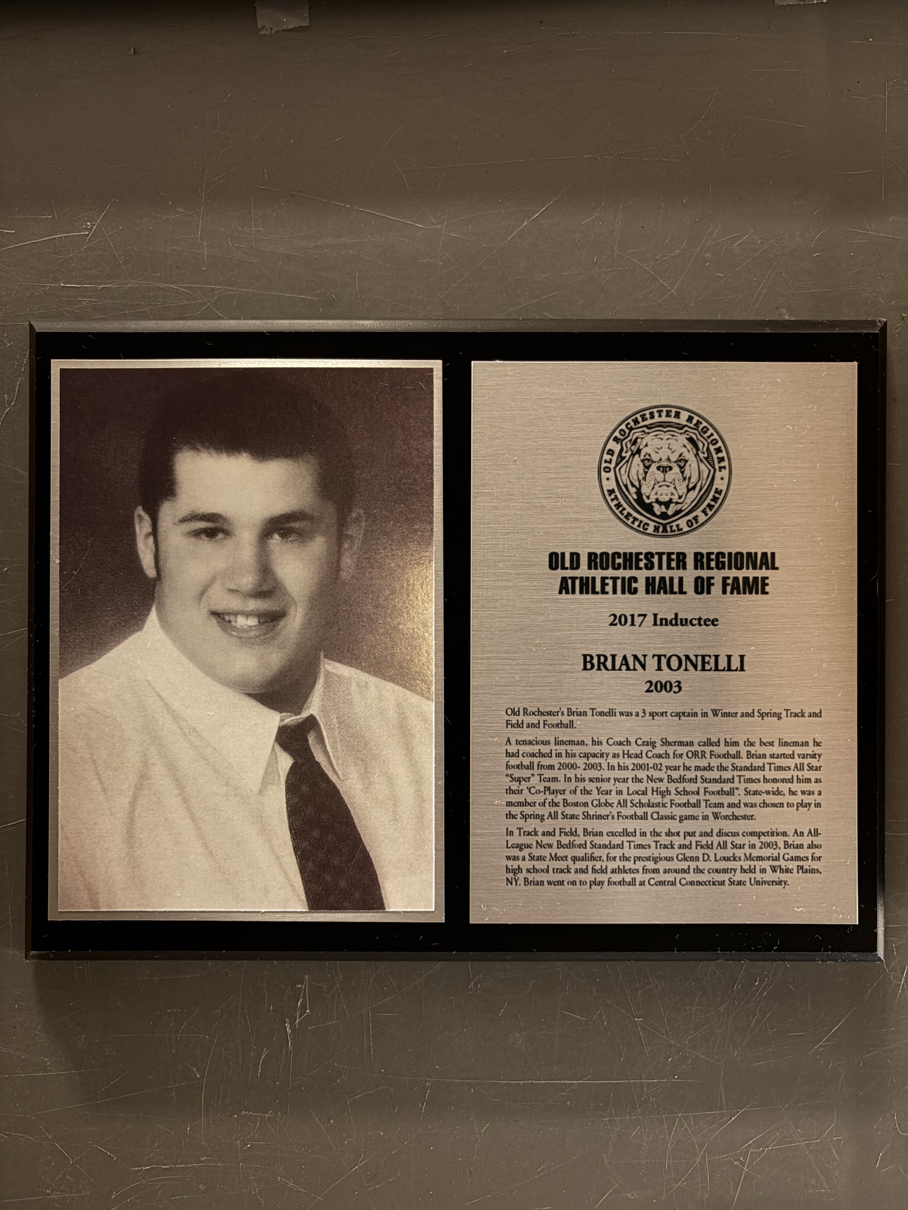 Brian Tonelli’s complete 2017 Hall of Fame display with historical photograph and induction plaque