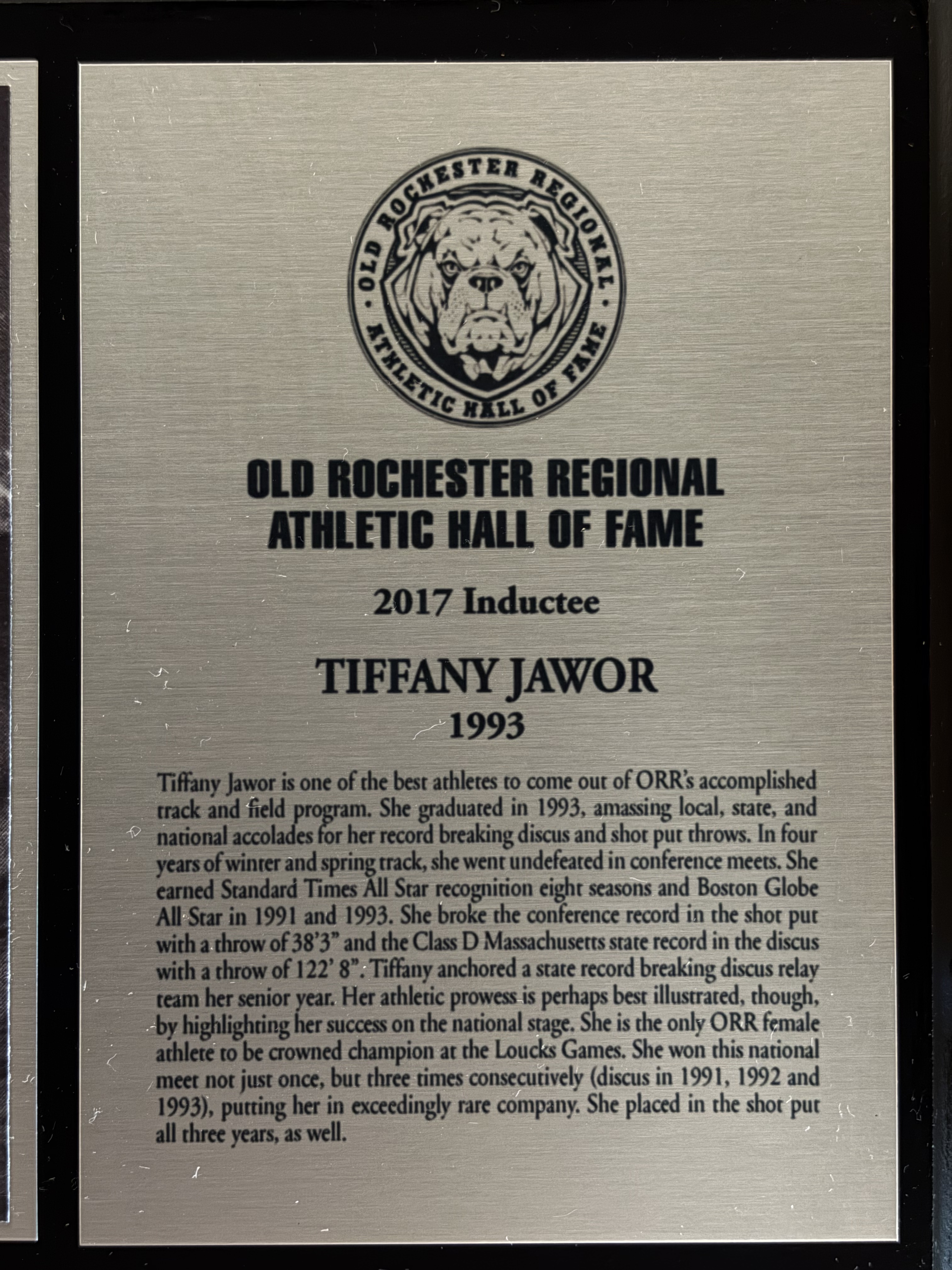 Tiffany Jawor’s complete 2017 Hall of Fame display with historical photograph and induction plaque
