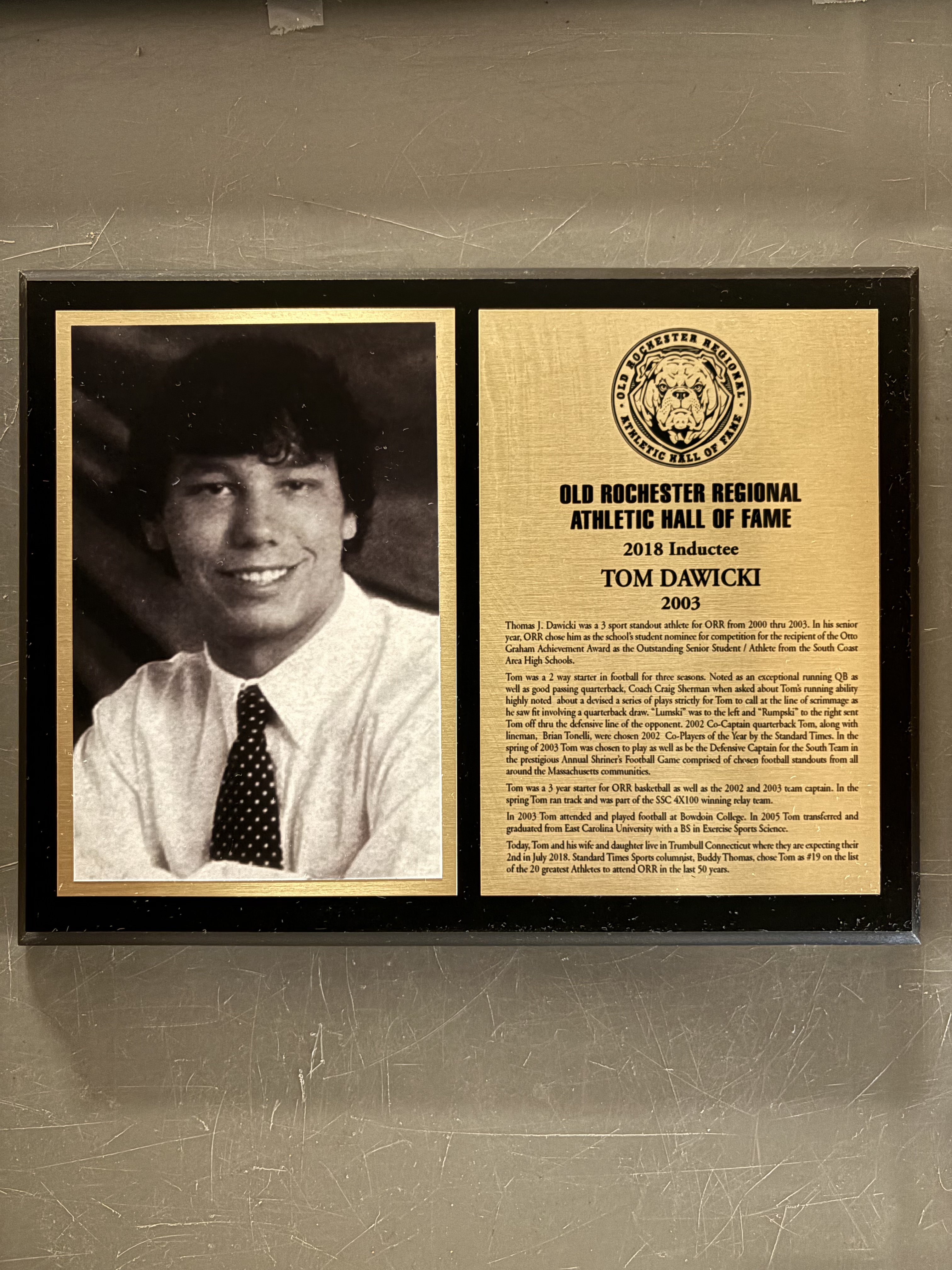 Tom Dawicki’s complete 2018 Hall of Fame display with historical photograph and induction plaque