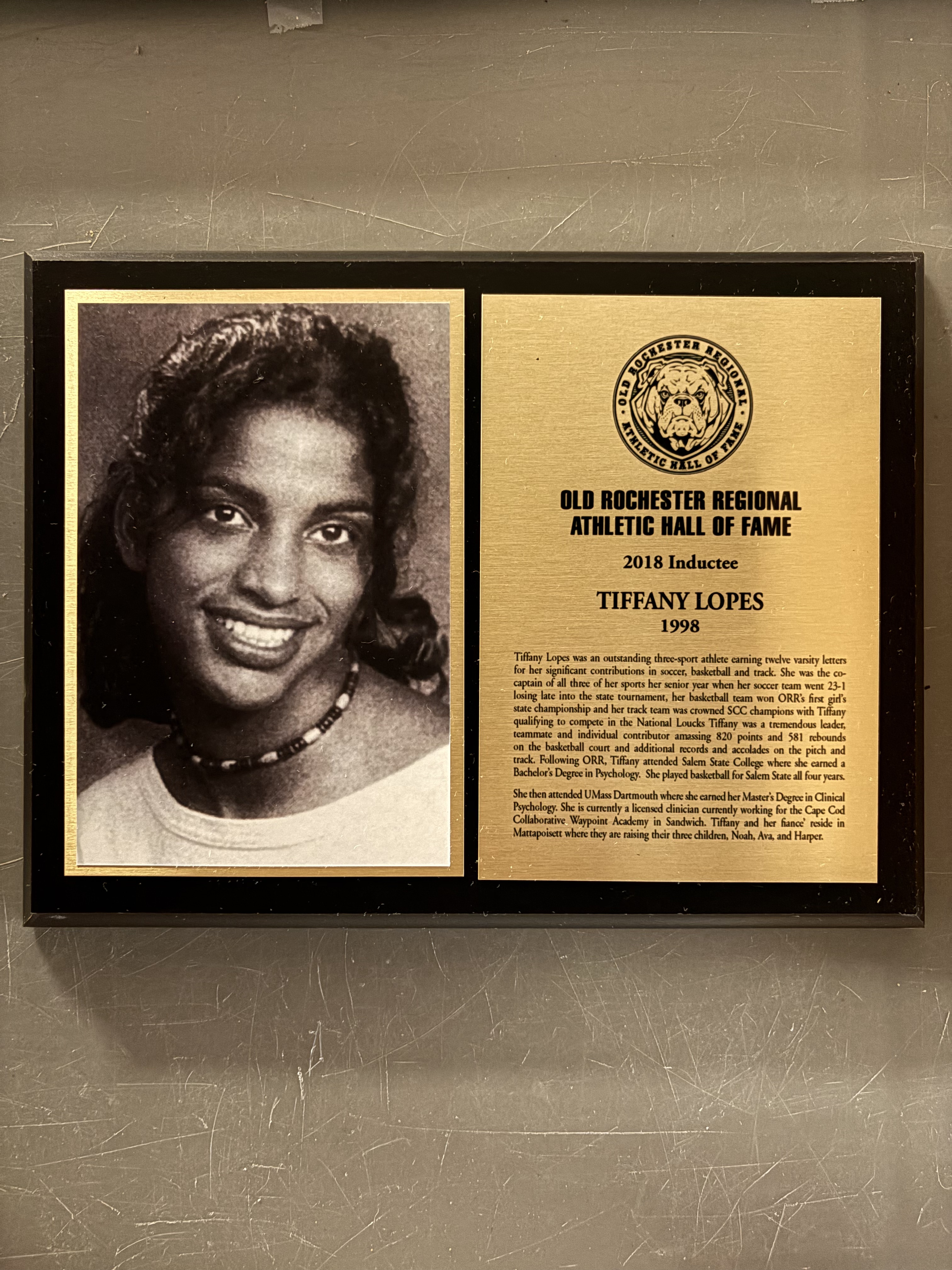 Tiffany Lopes’s complete 2018 Hall of Fame display with historical photograph and induction plaque