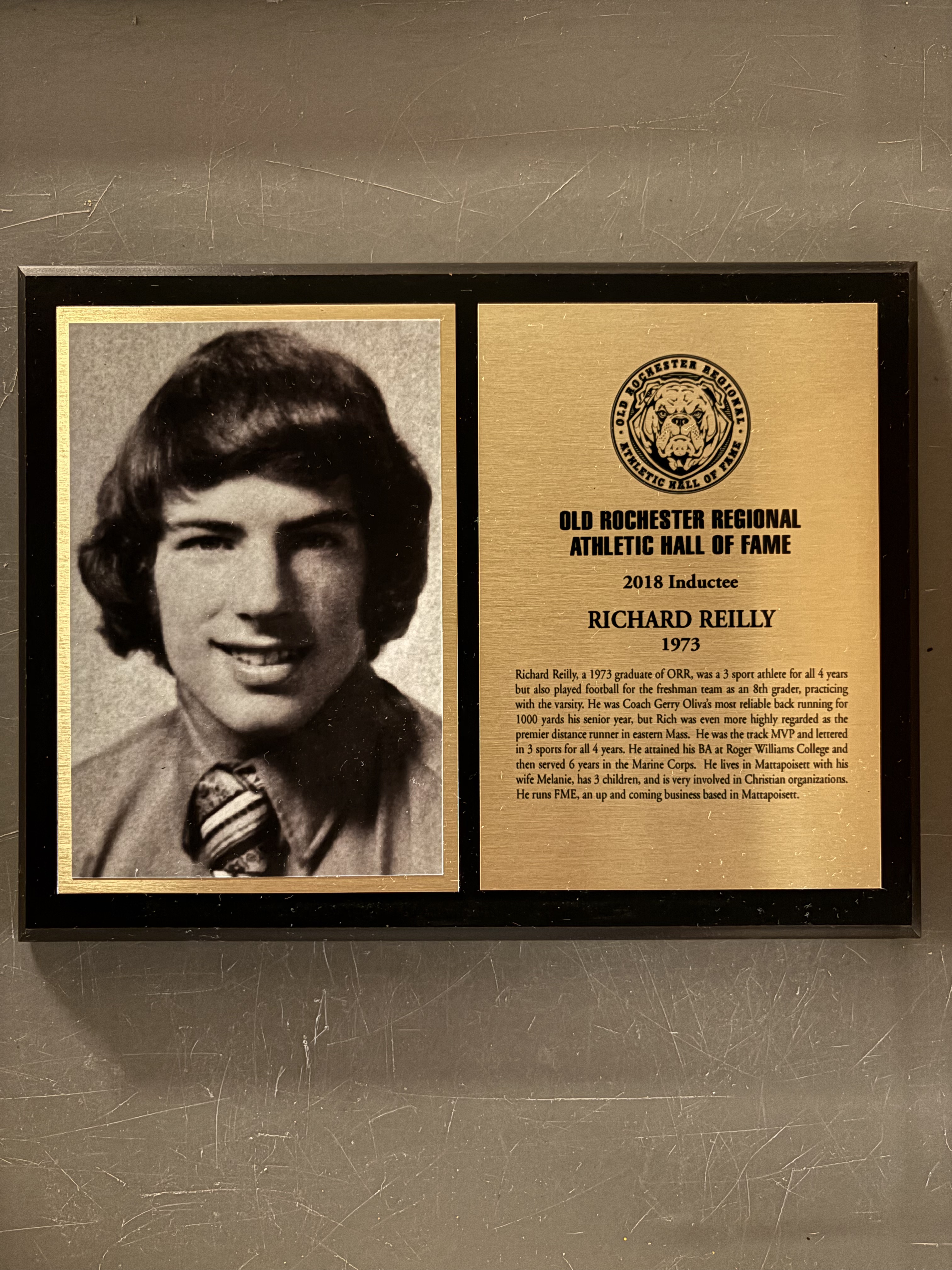 Richard Reilly’s complete 2018 Hall of Fame display with historical photograph and induction plaque