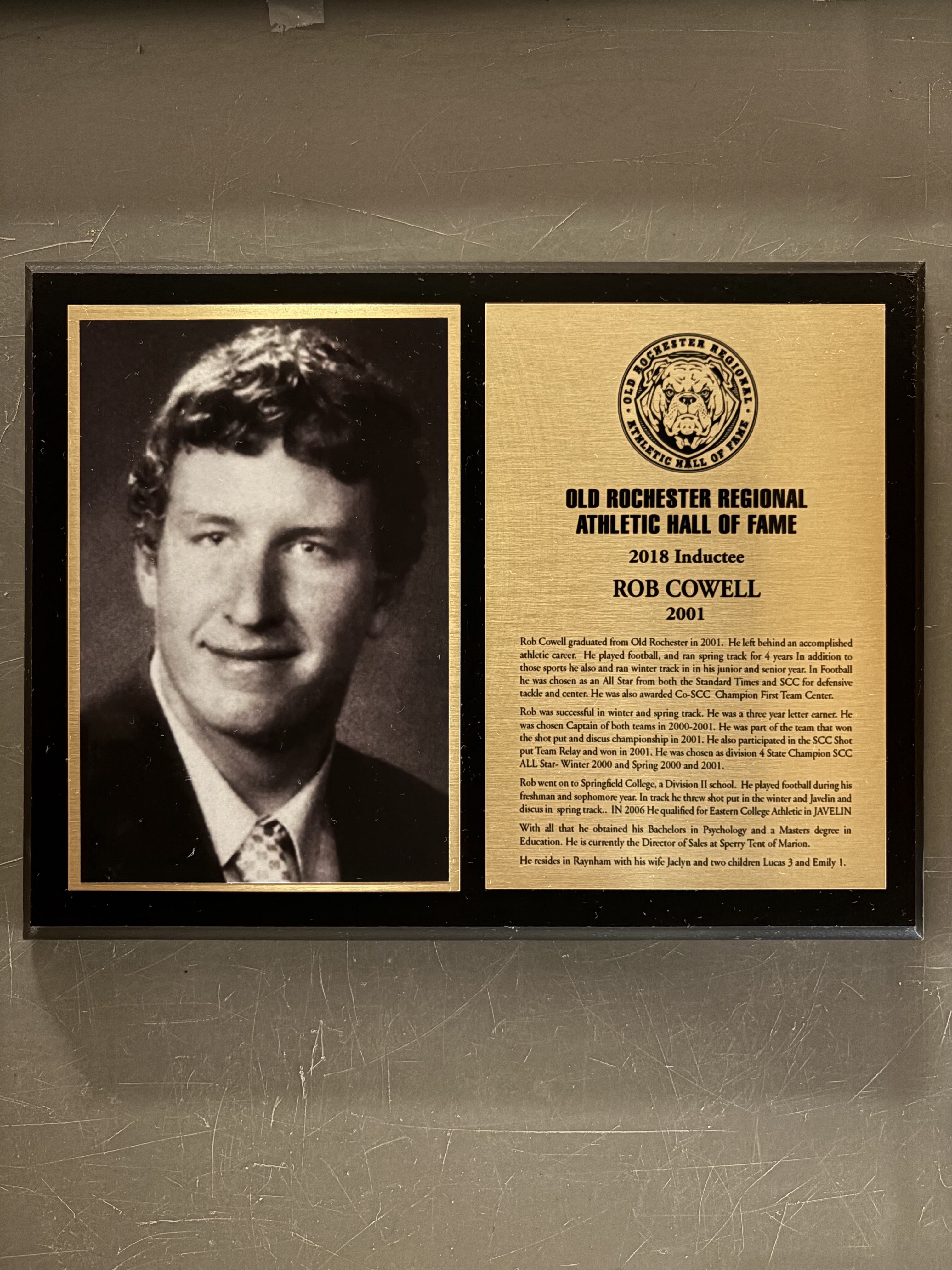 Rob Cowell’s complete 2018 Hall of Fame display with historical photograph and induction plaque