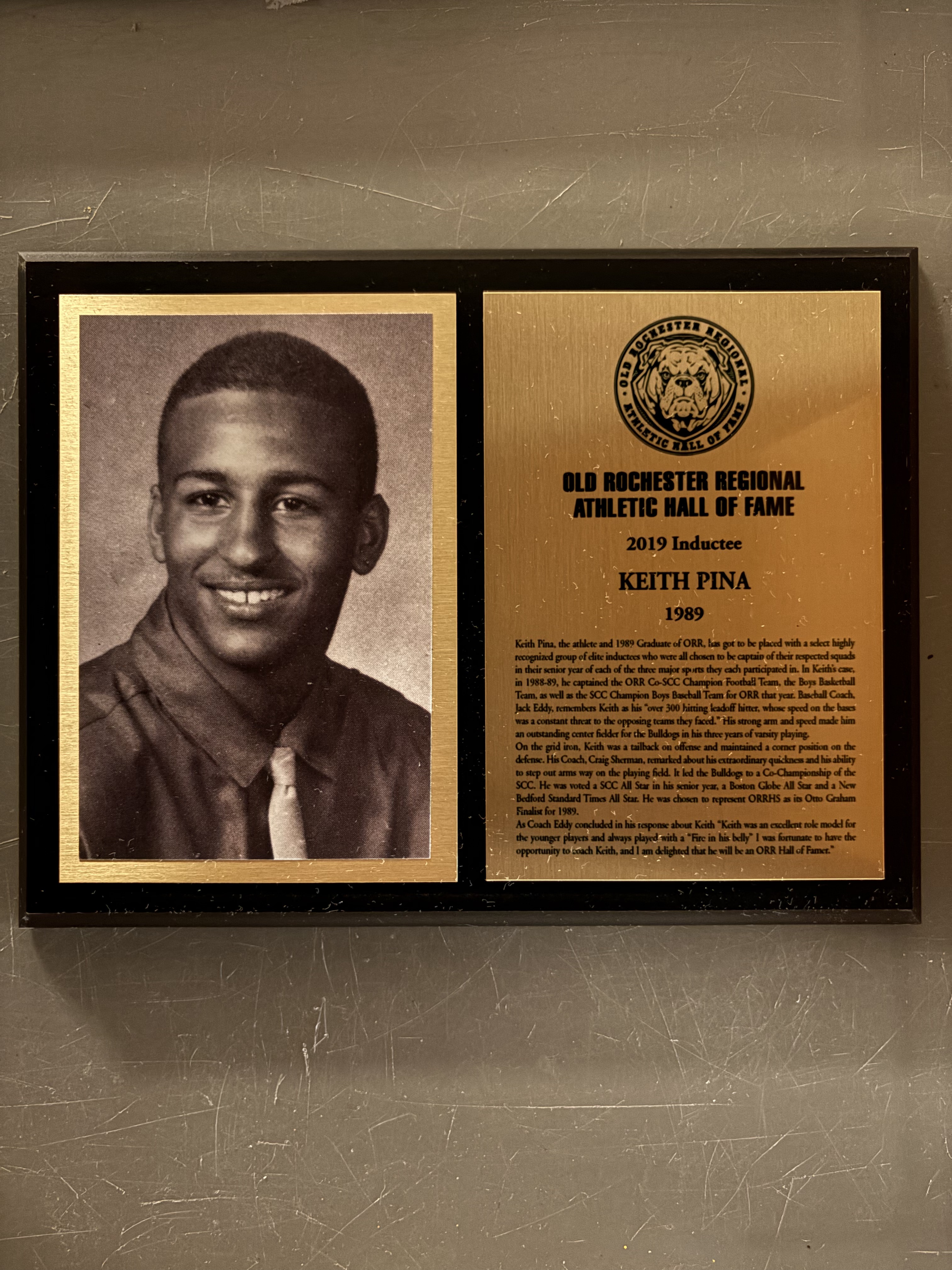 Keith Pina’s complete 2019 Hall of Fame display with historical photograph and induction plaque