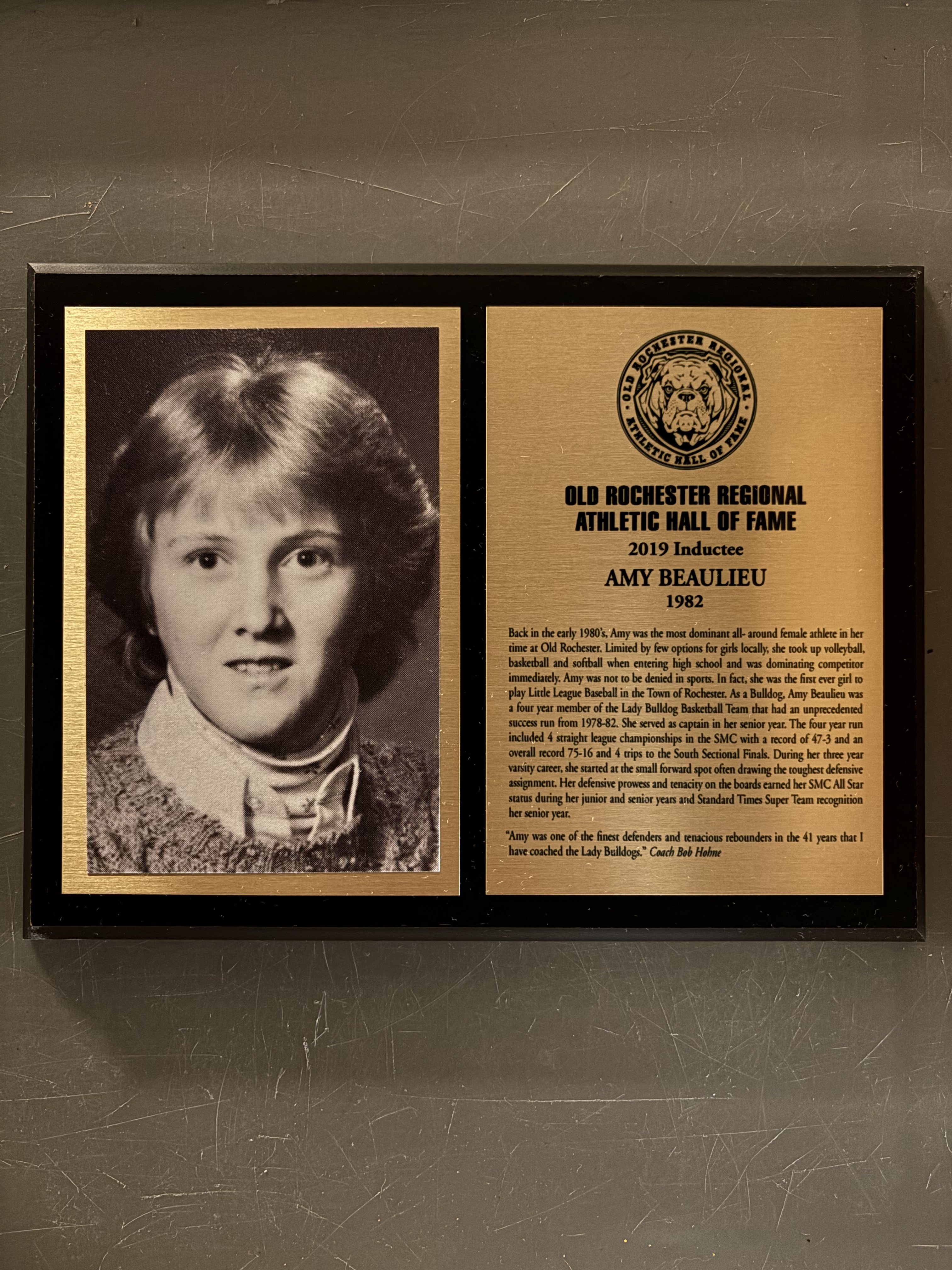 Amy Beaulieu’s complete 2019 Hall of Fame display with historical photograph and induction plaque