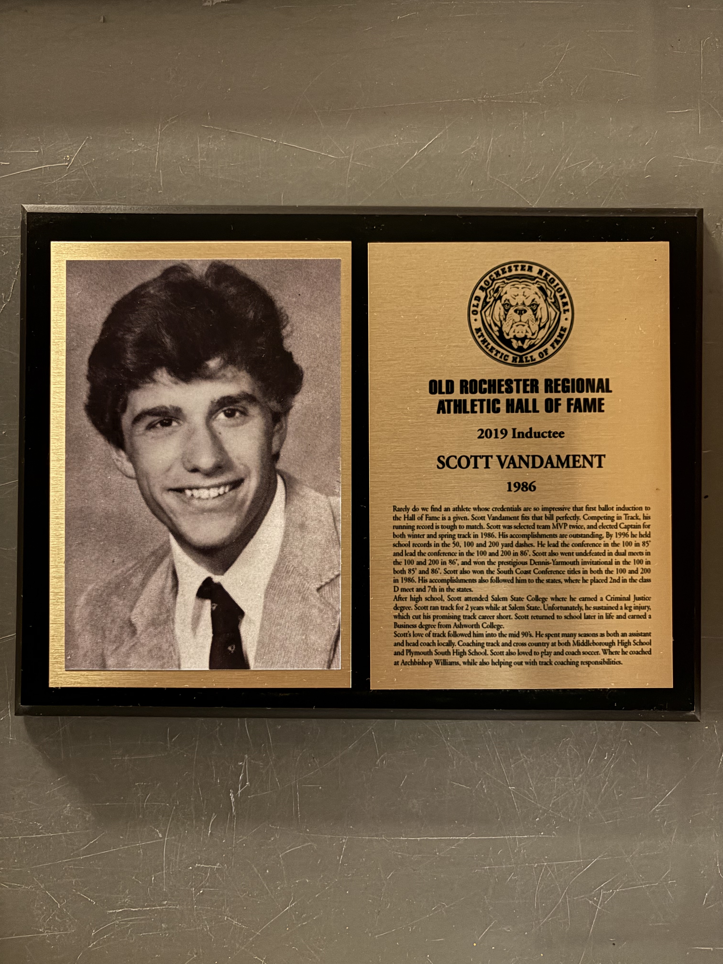 Scott Vandament’s complete 2019 Hall of Fame display with historical photograph and induction plaque