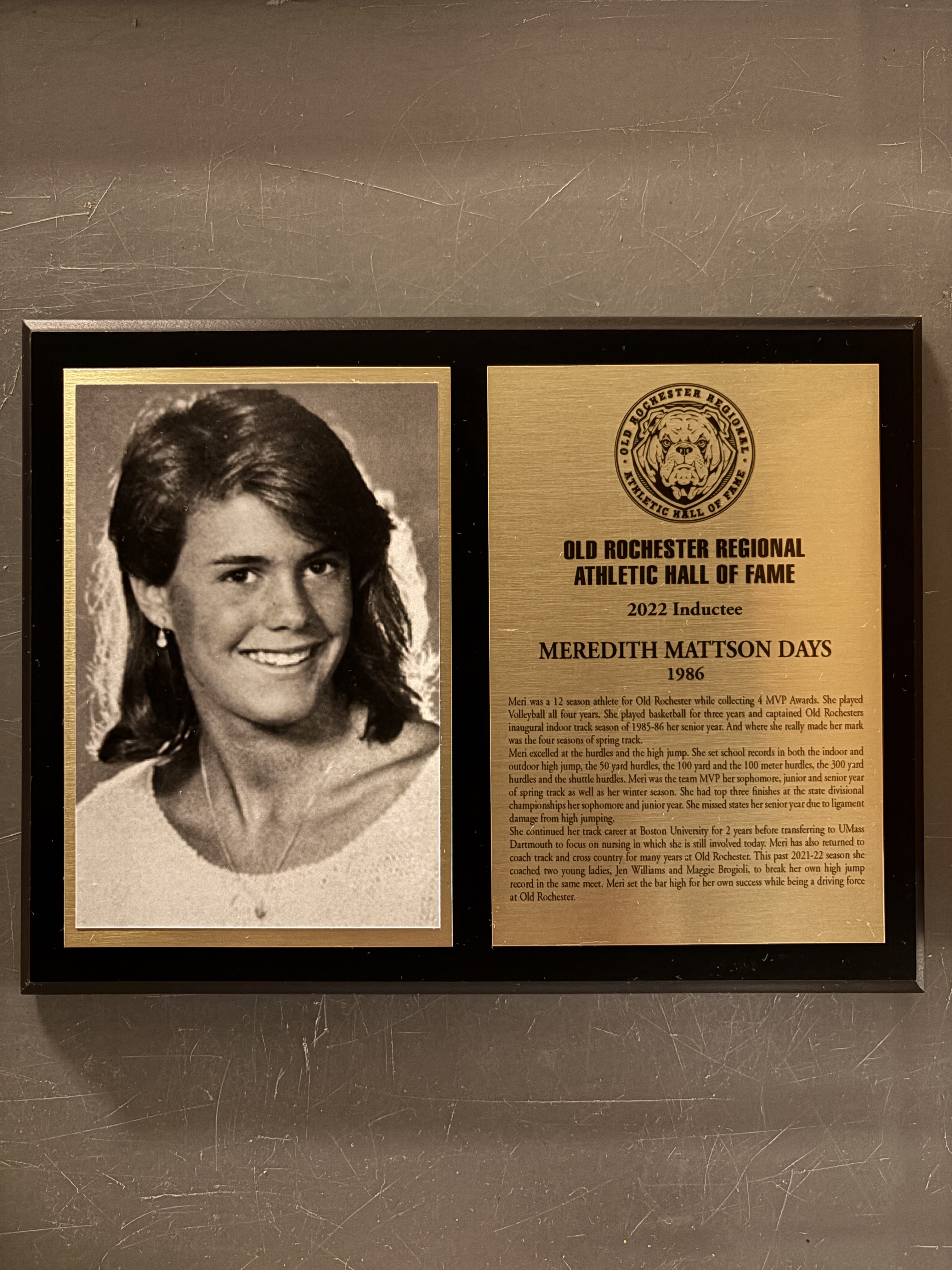 Meredith Mattson Days’s complete 2022 Hall of Fame display with historical photograph and induction plaque