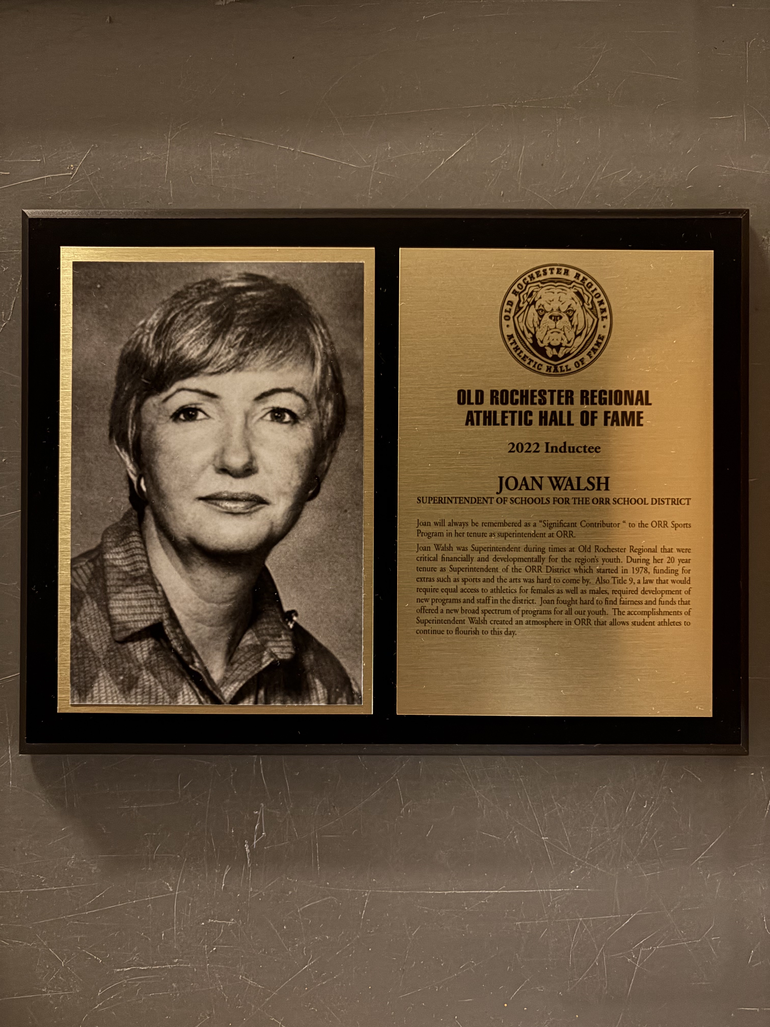 Joan Walsh’s complete 2022 Hall of Fame display with historical photograph and induction plaque