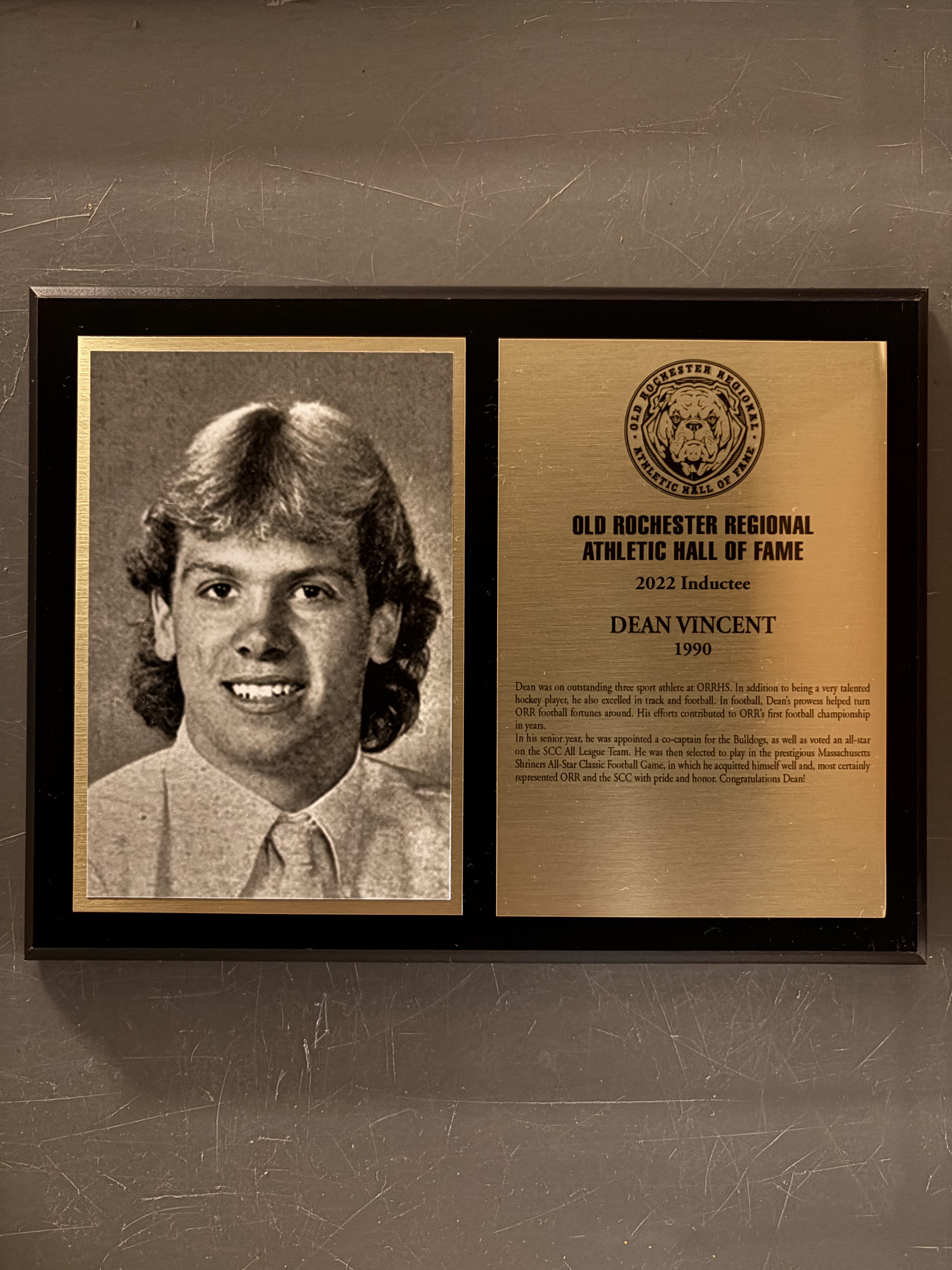 Dean Vincent’s complete 2022 Hall of Fame display with historical photograph and induction plaque
