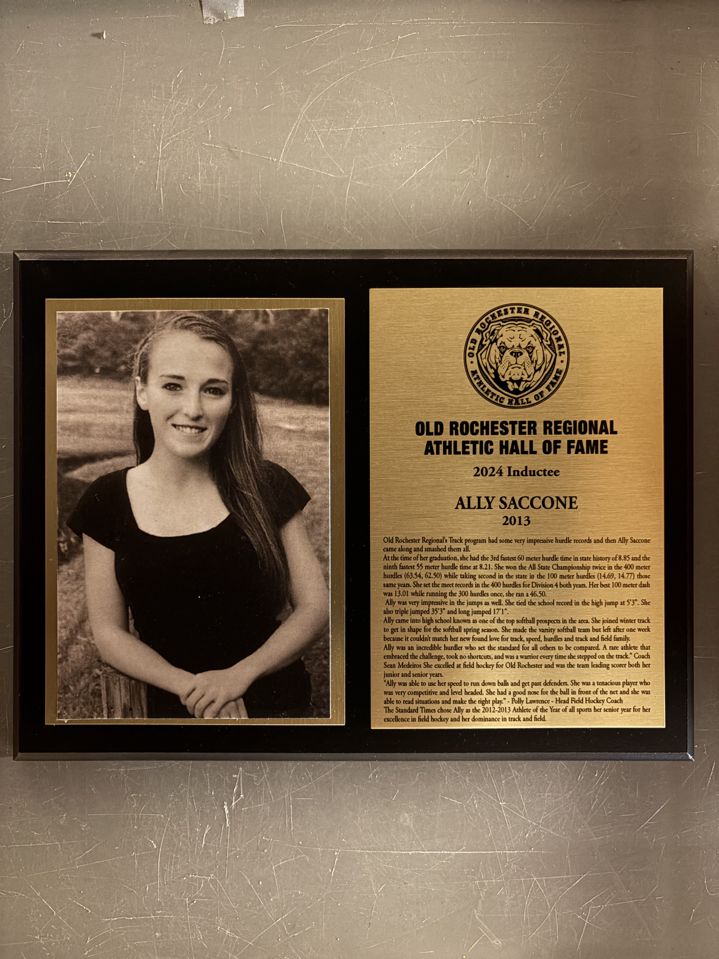 Ally Saccone’s complete 2024 Hall of Fame display with historical photograph and induction plaque