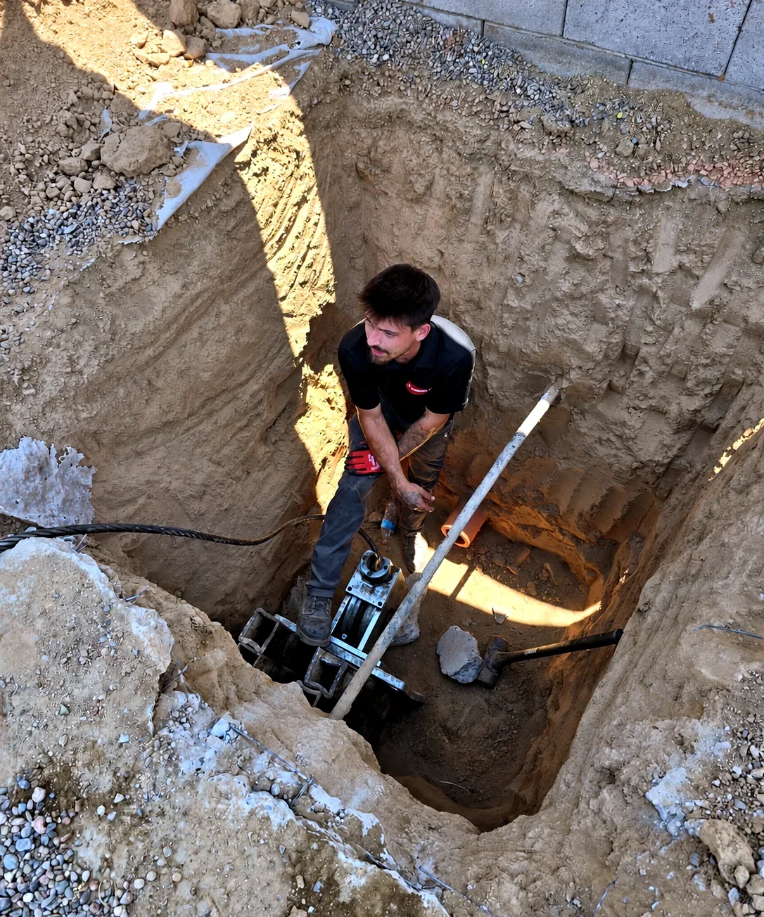 The Plumbing Dr. technician repairing an underground sewer line in an open excavation