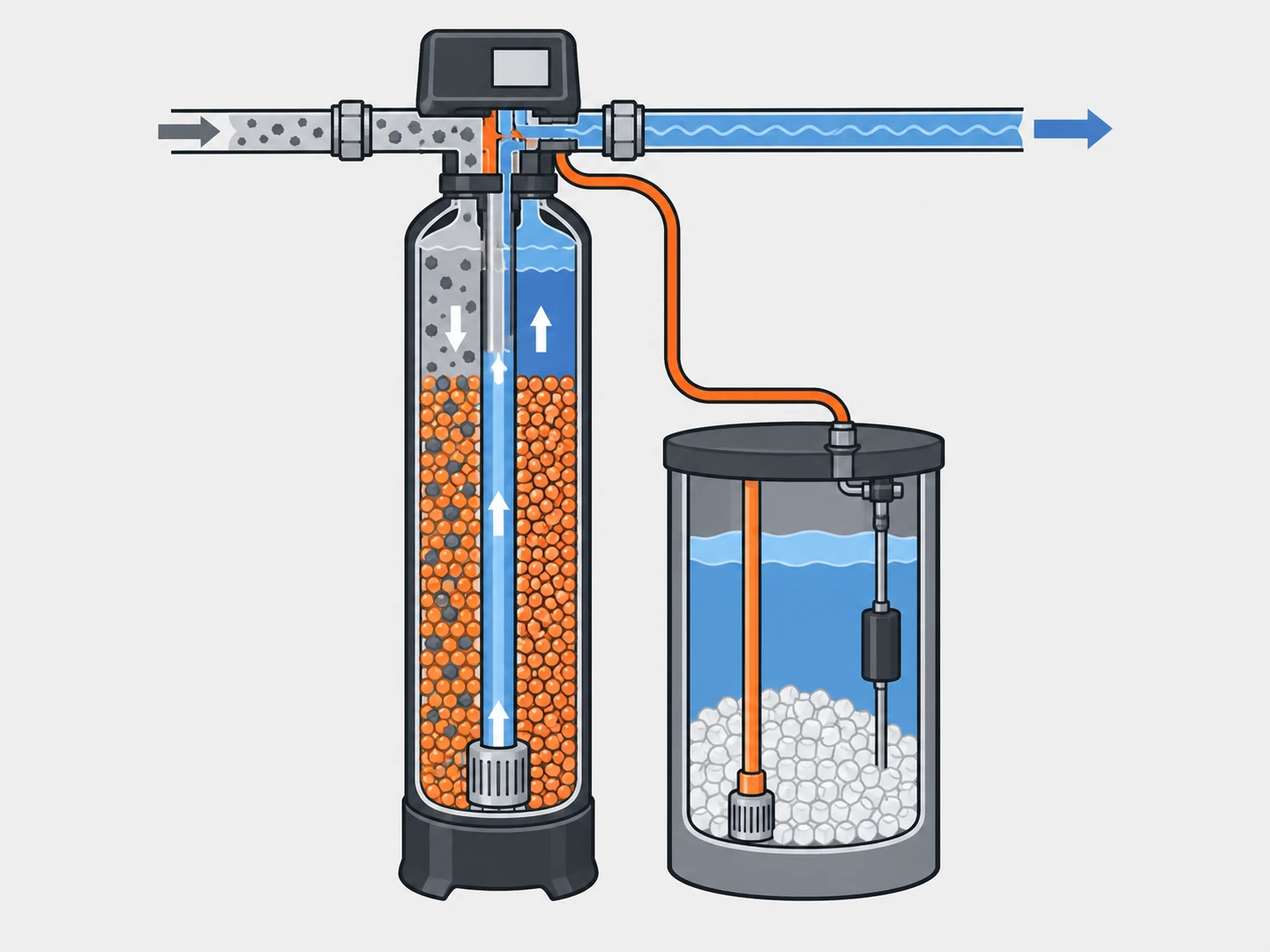 Cutaway illustration of a water softener resin tank and brine tank during ion exchange