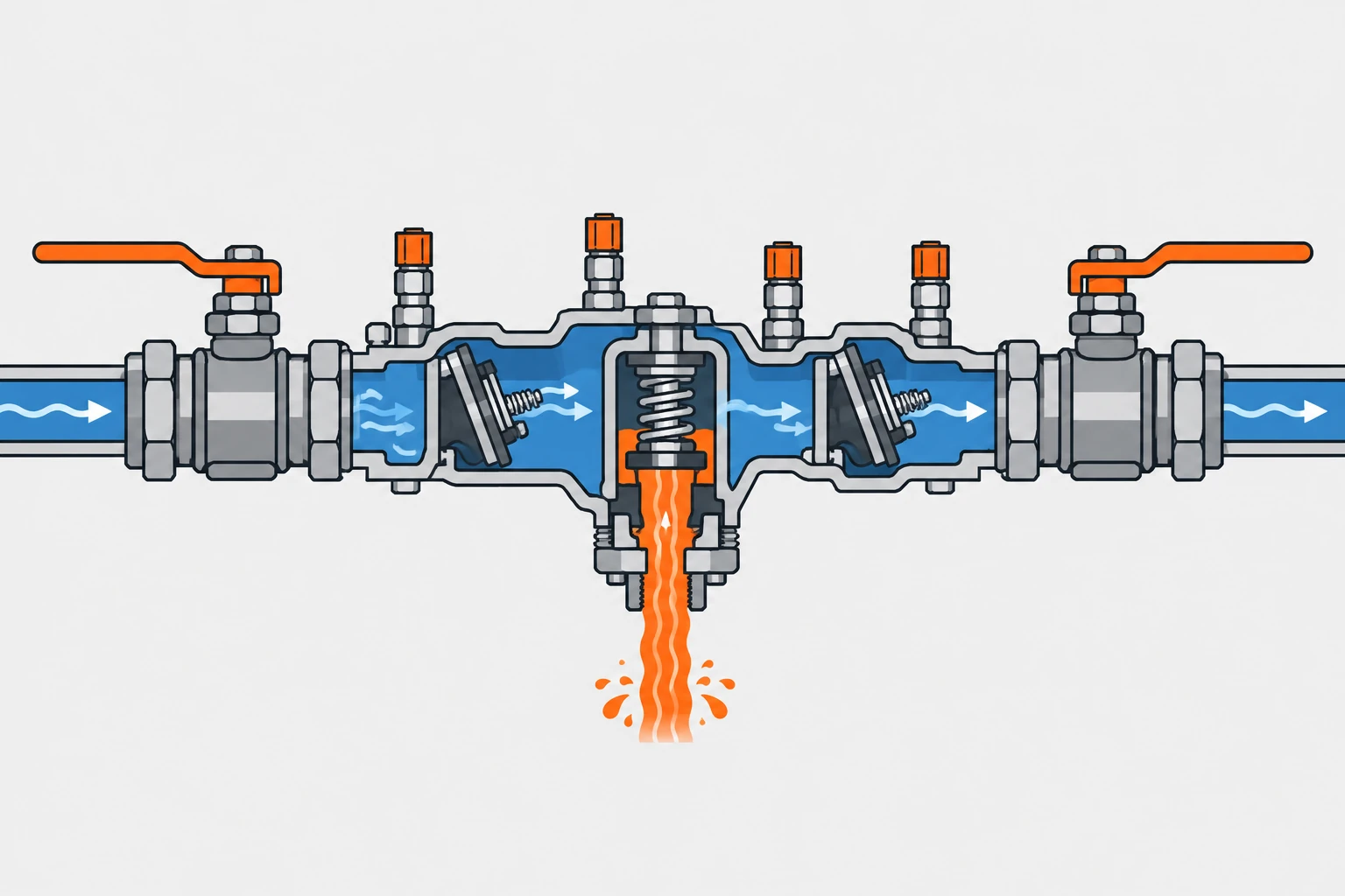 Cutaway illustration of a reduced pressure zone backflow preventer with its two check valves and relief port