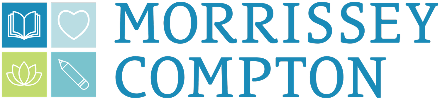 Logo with four colored squares containing white icons of an open book, a heart, a lotus flower, and a pencil, next to the text 'Morrissey Compton' in blue.
