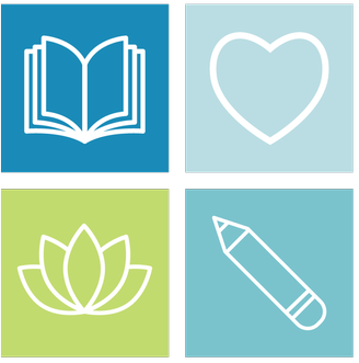 Four square icons: an open book on blue background, a heart outline on light blue, a lotus flower on light green, and a pencil on teal.