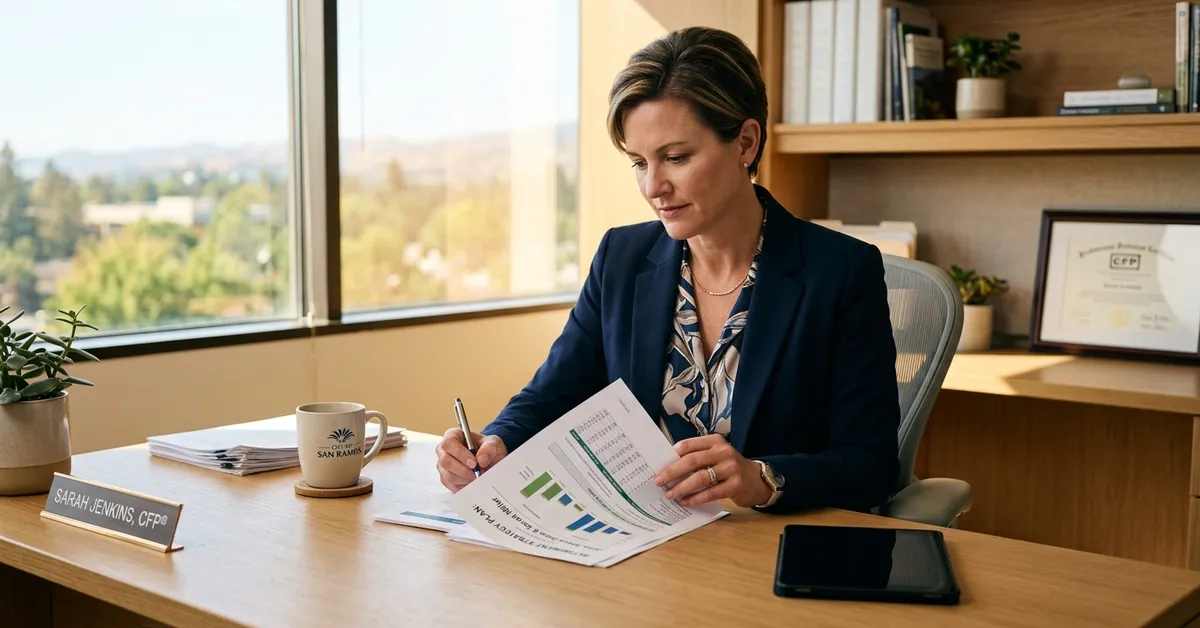 A financial advisor in a suit reviewing a retirement plan document at her desk beside a bright window