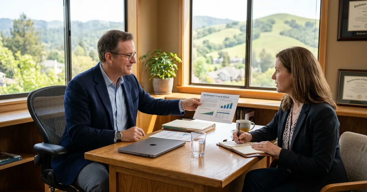 A man and a woman reviewing a retirement plan together at a desk with a scenic window view