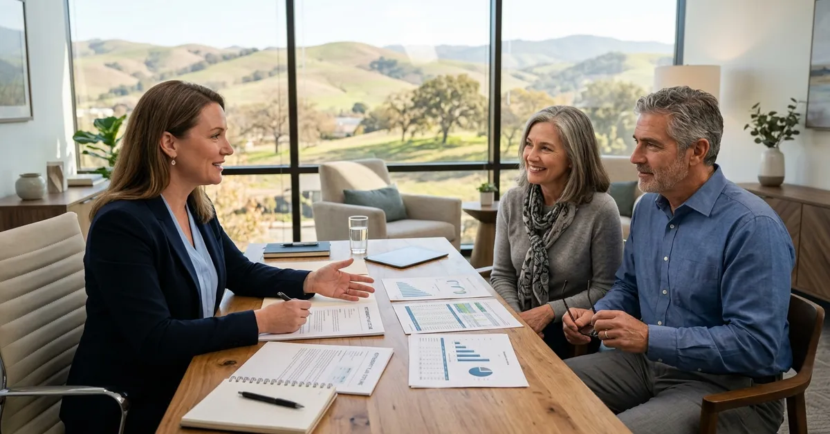 A financial advisor going over planning documents with an older couple at a table overlooking the hills