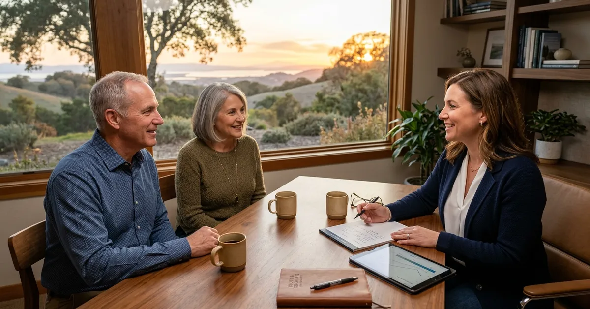 A financial advisor reviewing retirement documents with an older couple at a table at sunset