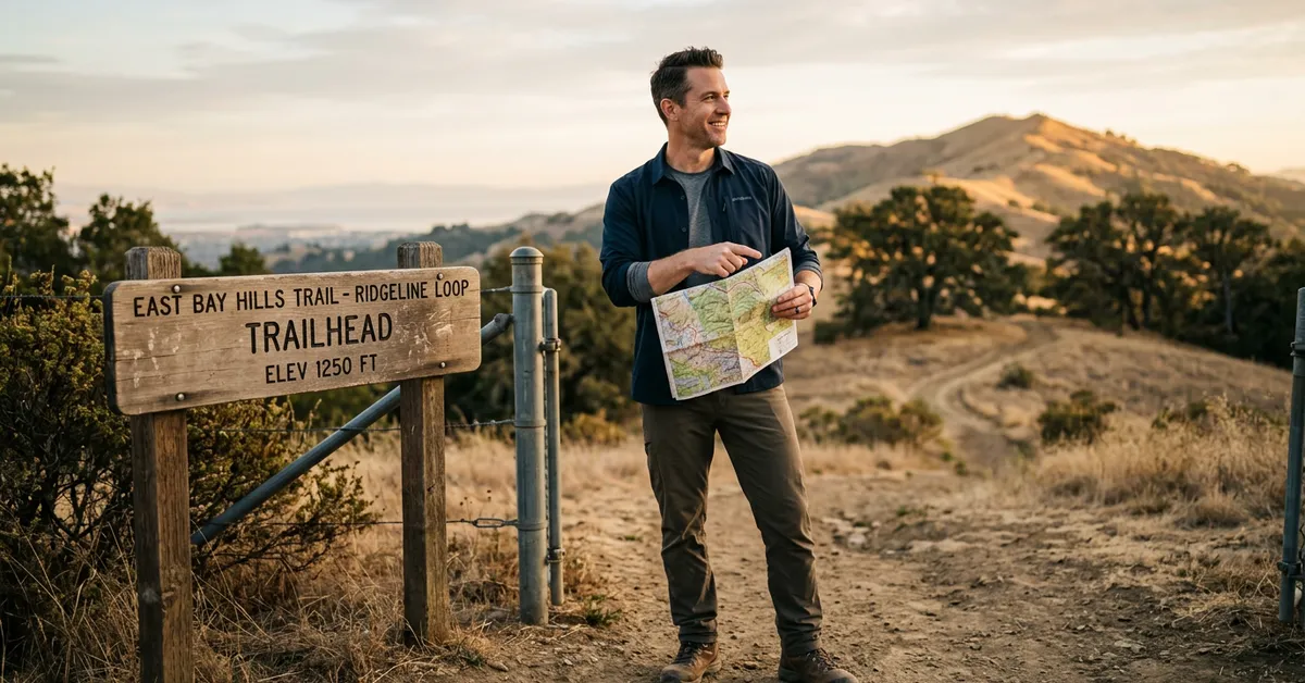 A hiker reading a map at an East Bay hills trailhead sign at sunset