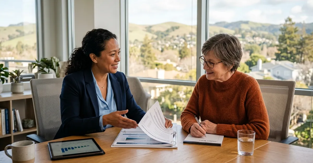 Two women reviewing a printed retirement income plan at a table overlooking the East Bay hills