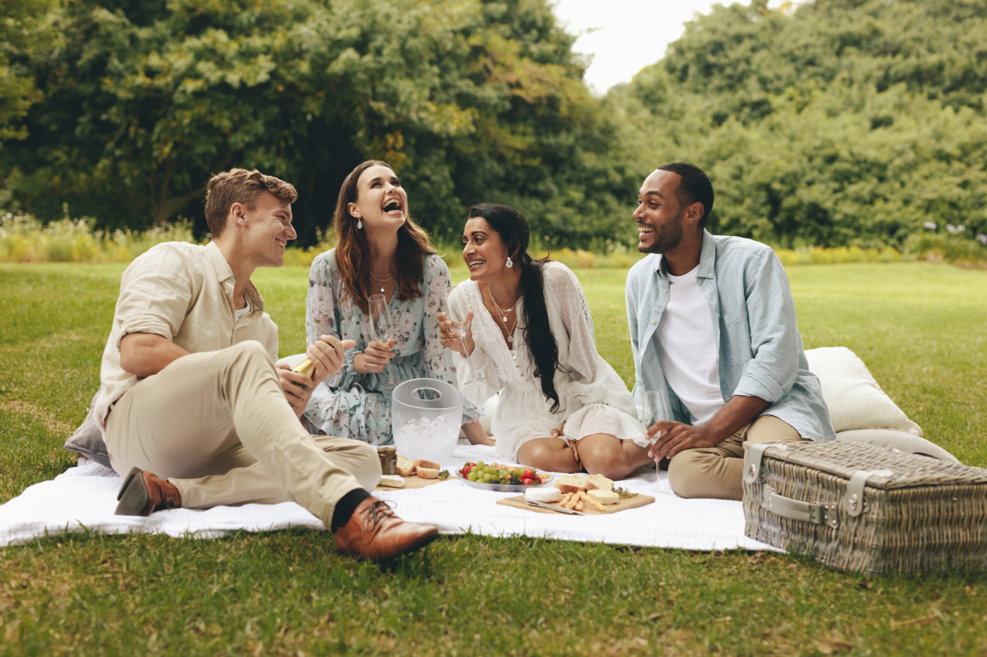 Friends at picnic with drink glasses stock image