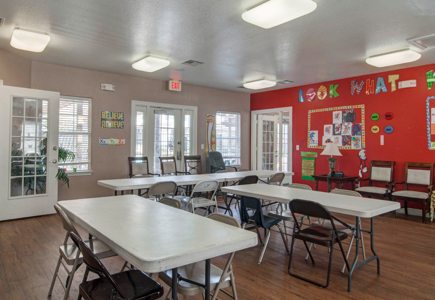 Clubroom with tables and chairs