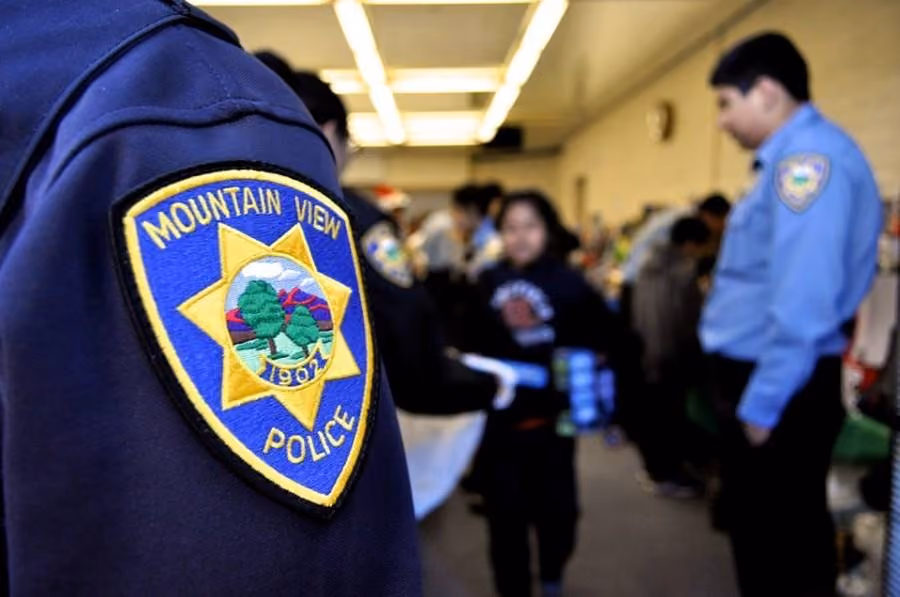 Close-up of a Mountain View police shoulder patch at a community event