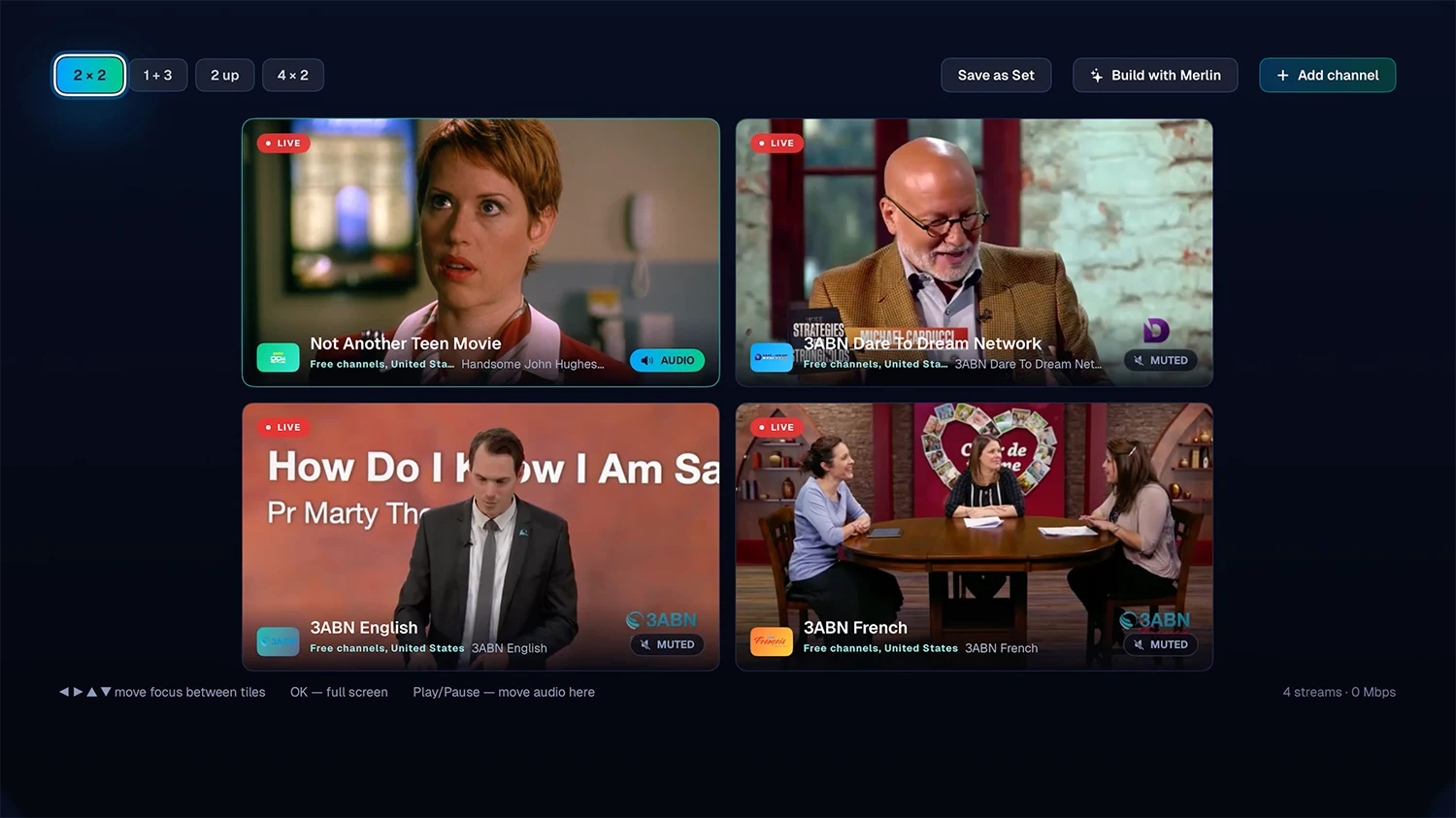 Multi-View in a one plus three layout, one large channel beside three smaller ones