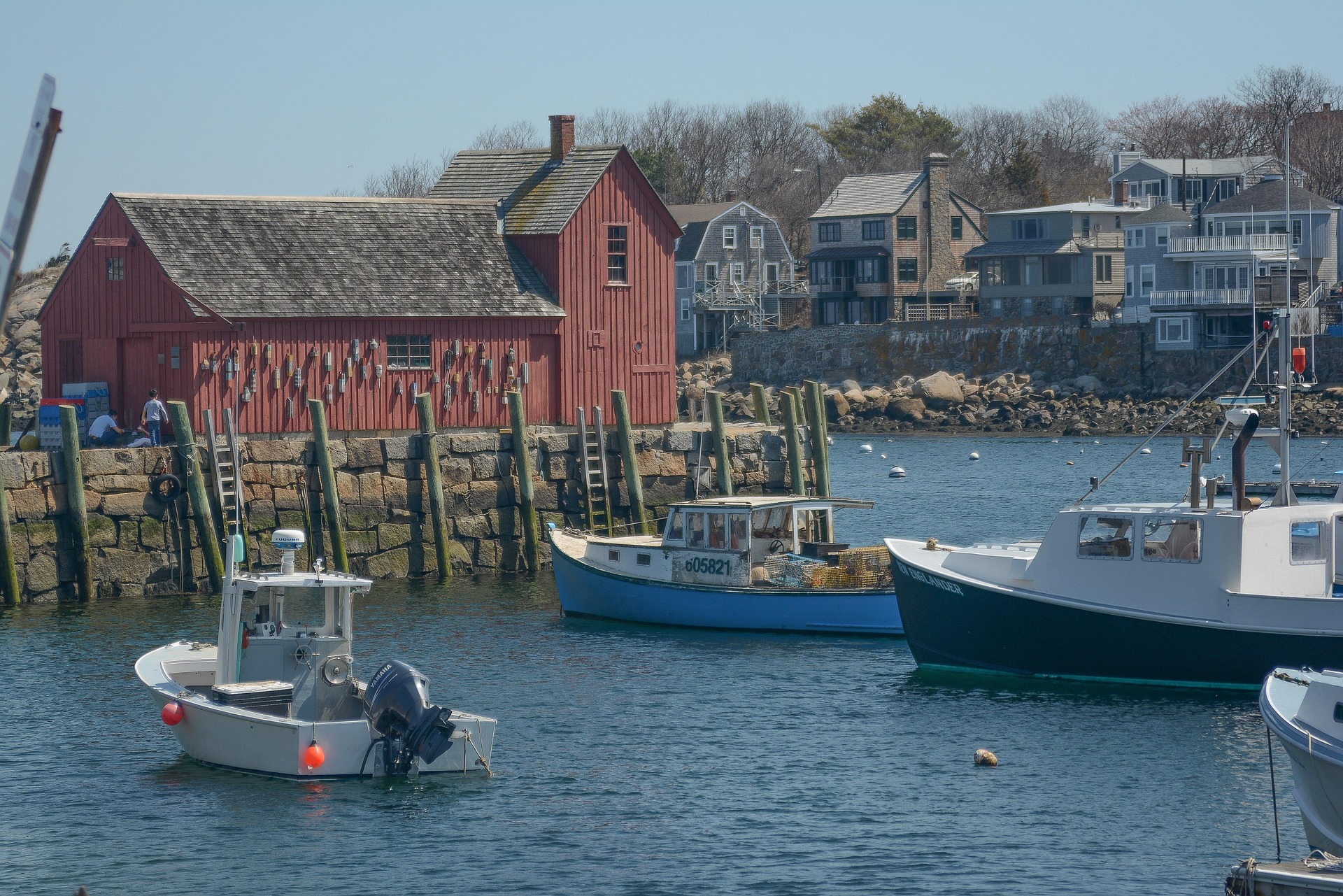 Boats at their moorings in Rockport harbor, Massachusetts