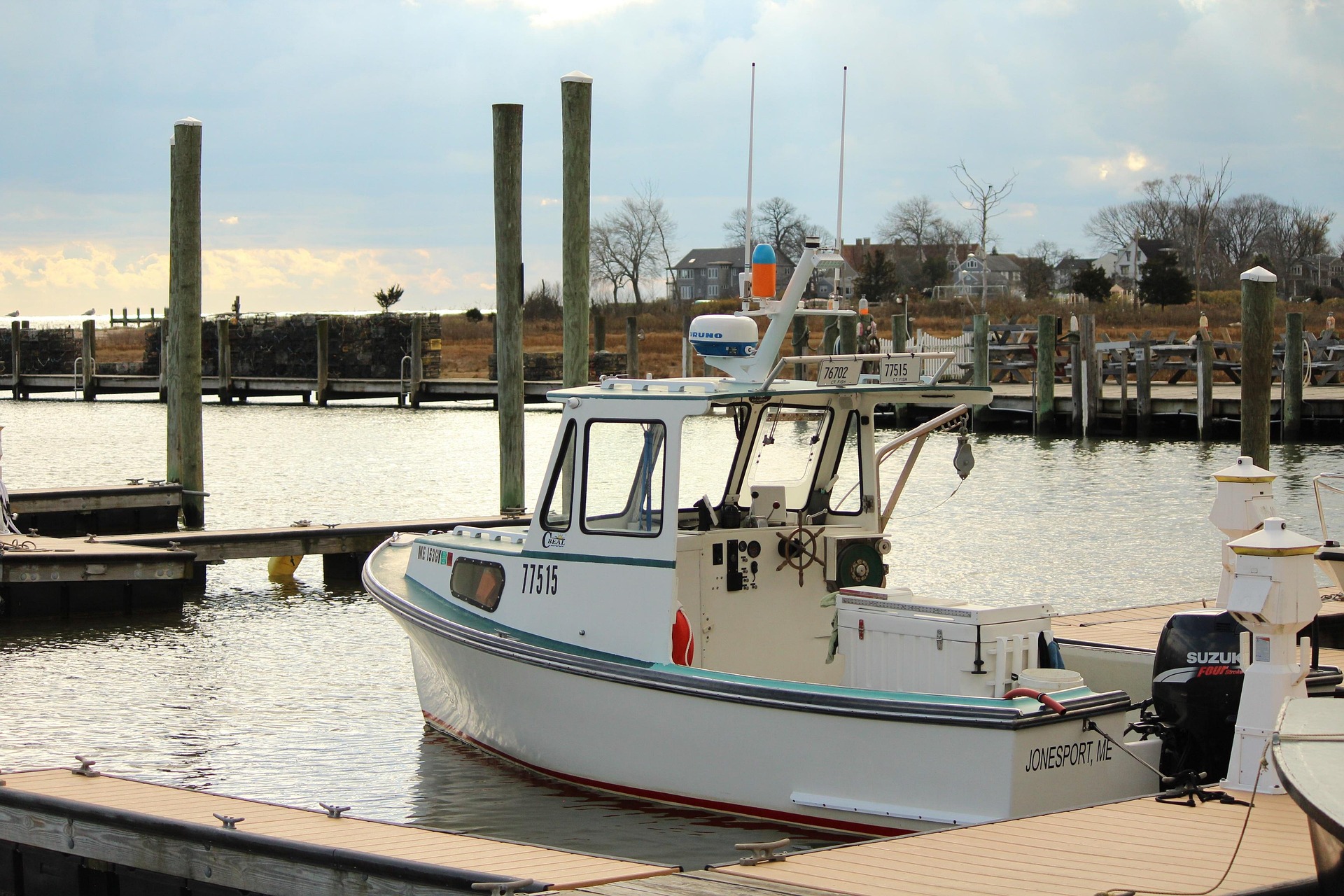 A small boat moored on calm water