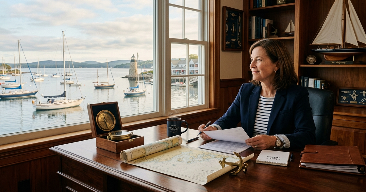 A woman at a desk with a nautical chart, looking out over a harbor of sailboats and a lighthouse