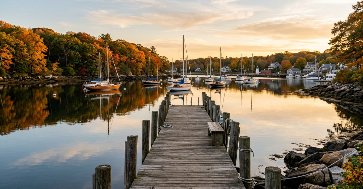 A wooden dock reaching into a quiet harbor of moored sailboats under autumn foliage