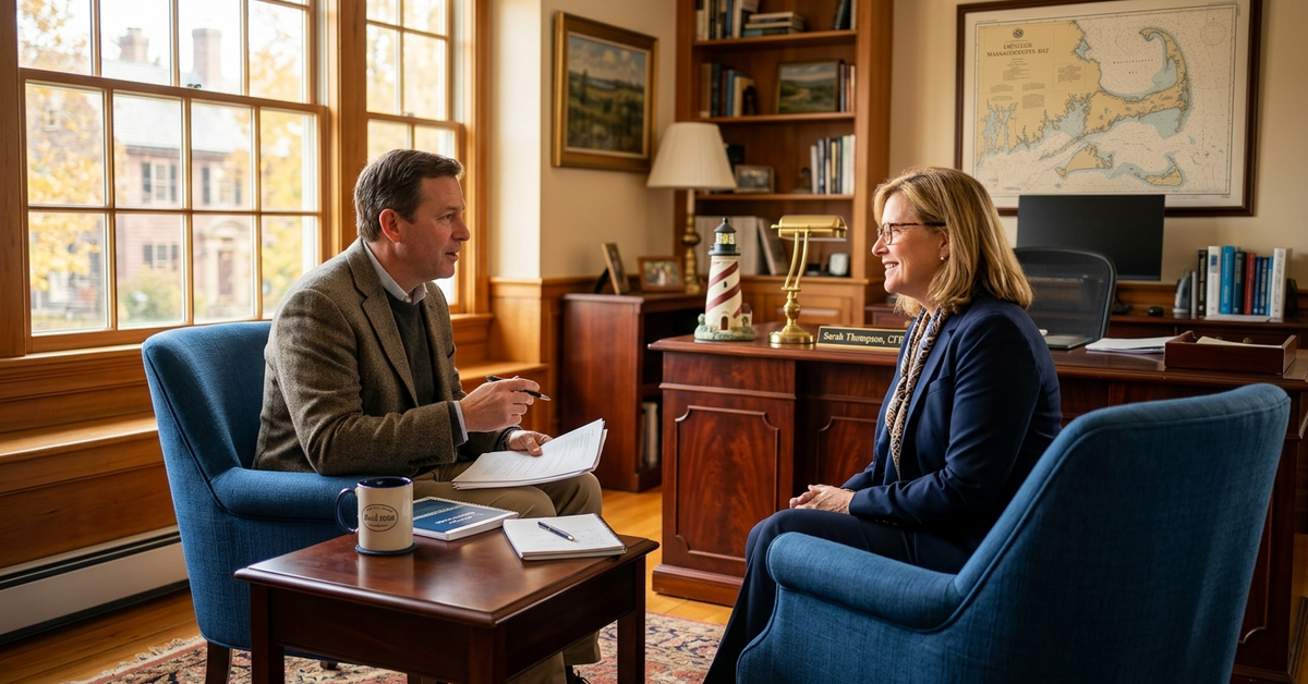 An advisor and a client in conversation in a study, with a coastal chart on the wall