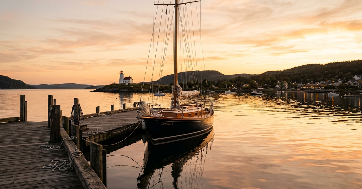 A wooden sailboat tied at a dock at sunset, with a lighthouse across the harbor