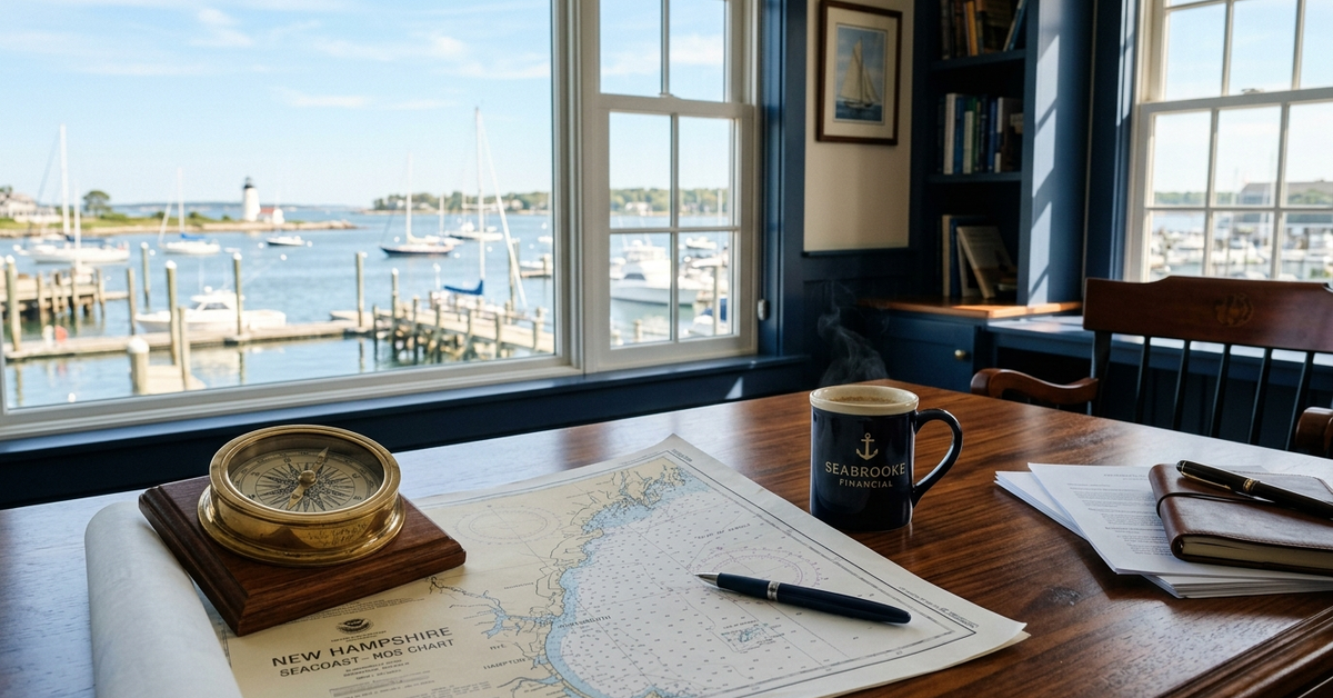 A New Hampshire seacoast chart, brass compass and coffee mug on a desk overlooking a harbor