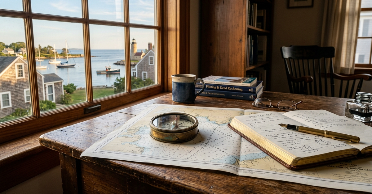 A nautical chart, brass compass and open journal on a desk by a window overlooking a harbor
