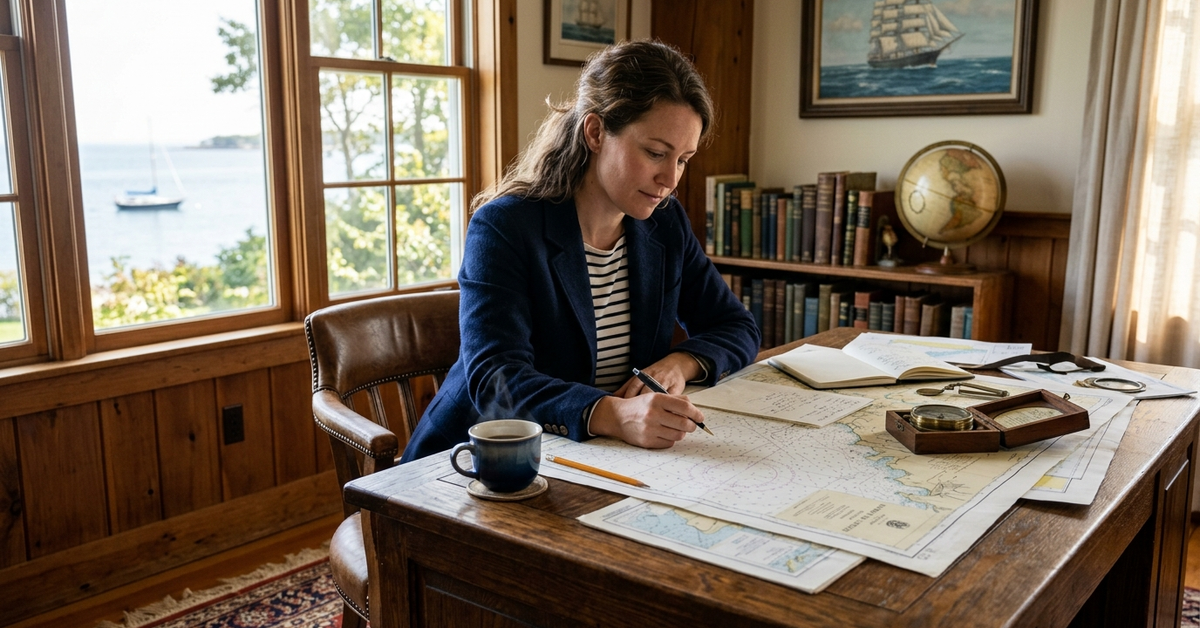 A woman in a navy blazer writing at a desk covered in nautical charts, with a harbor visible through the window