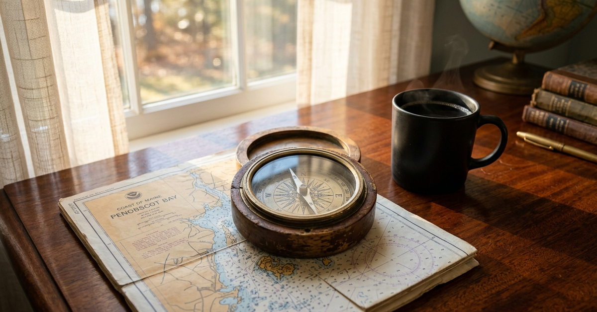 A brass compass resting on a Penobscot Bay nautical chart beside a coffee mug on a sunlit desk