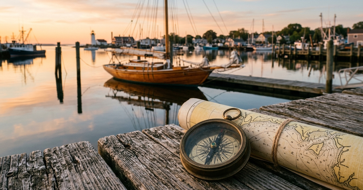 A brass compass and rolled nautical chart on a weathered dock at sunset, with a sailboat and lighthouse beyond