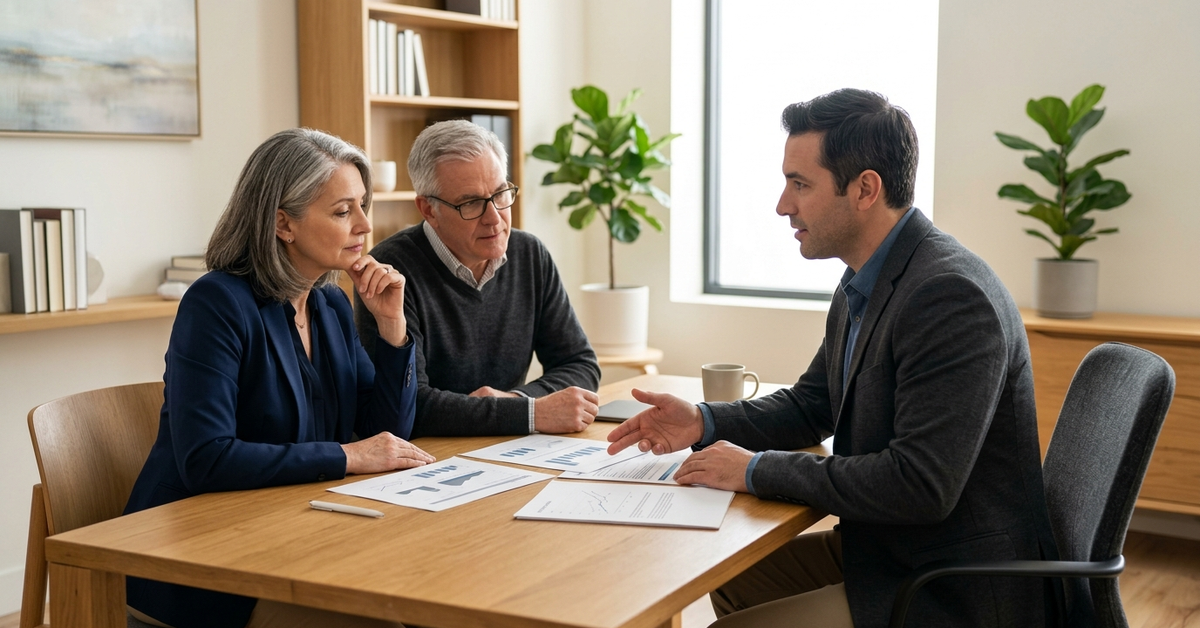 An advisor in conversation with a couple at a conference table in a bright office