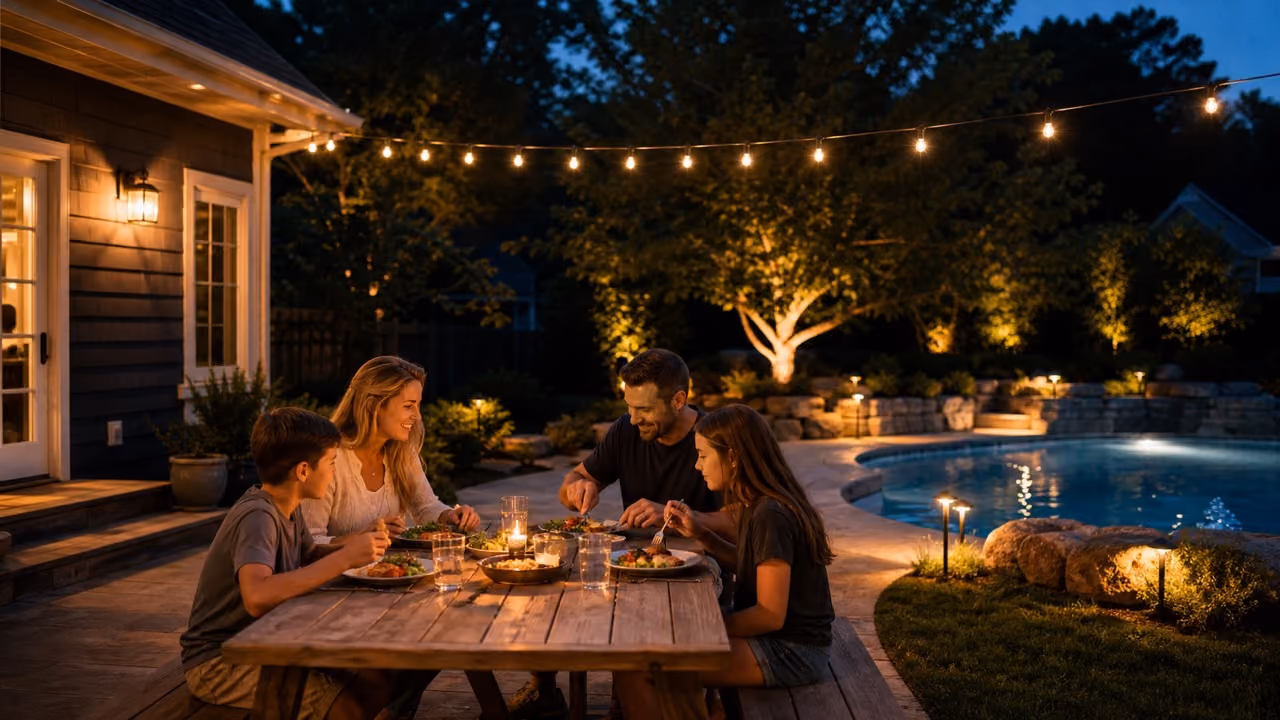 Family enjoying a professionally lit outdoor living space at dusk