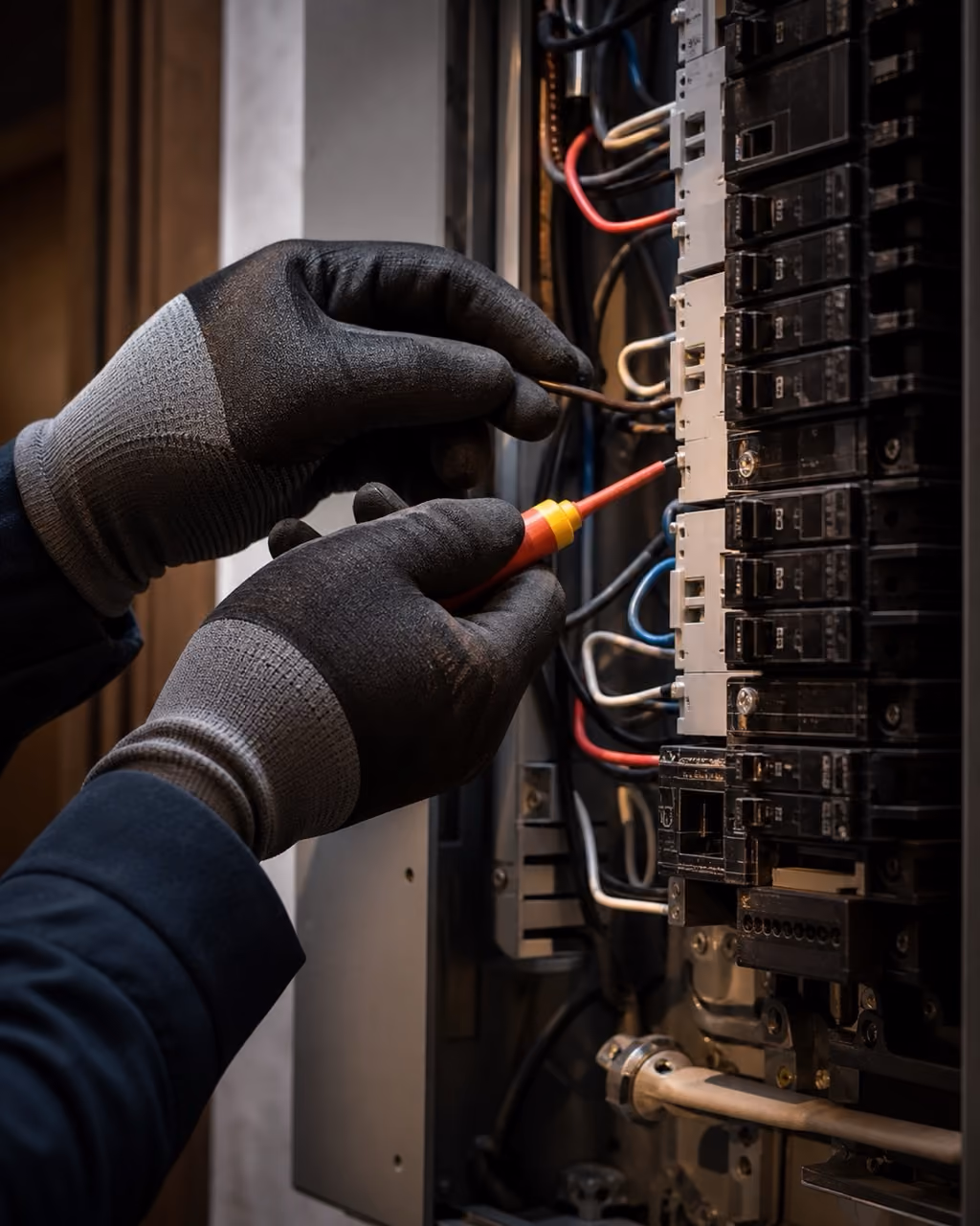 Gloved electrician working inside an electrical breaker panel.