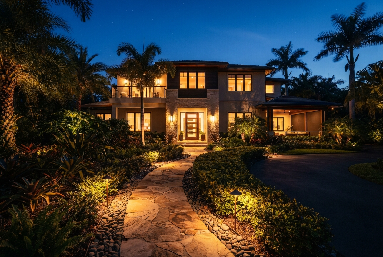 Warm exterior lighting illuminates a landscaped home at dusk