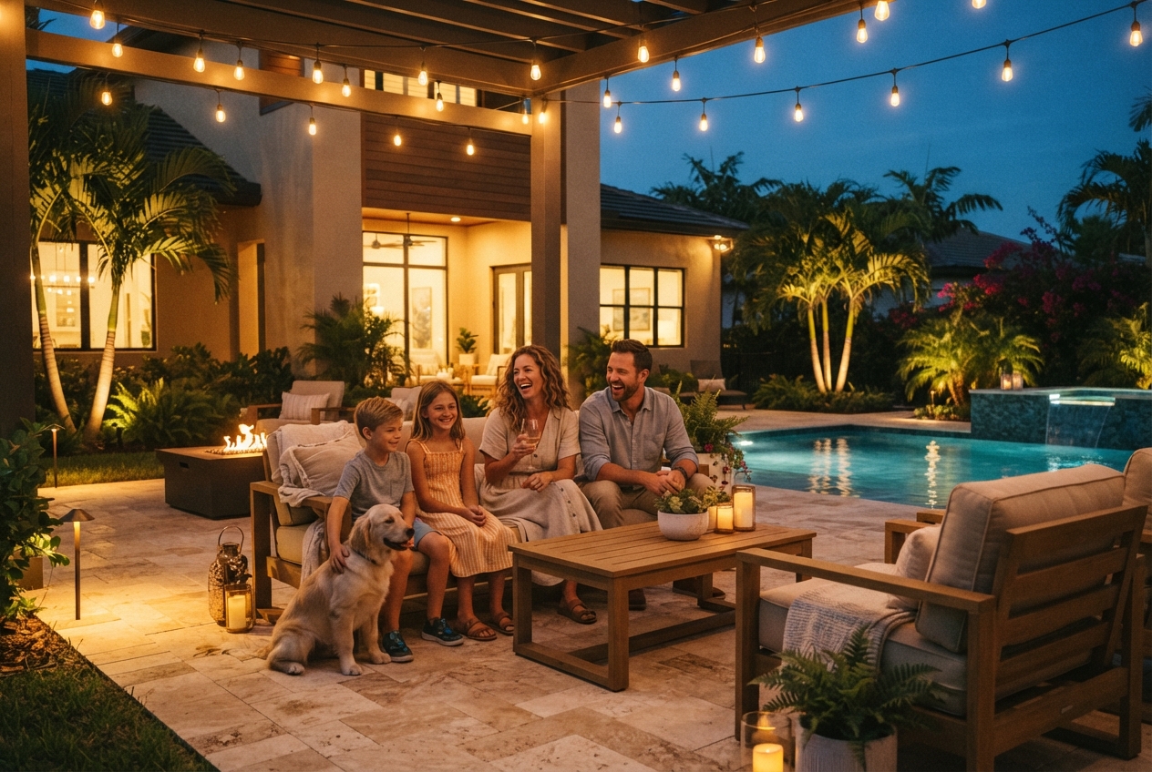 Family enjoying a warmly lit patio beside a pool at dusk