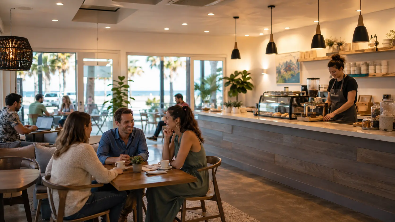 Customers and staff enjoying a warmly lit coastal Florida café.