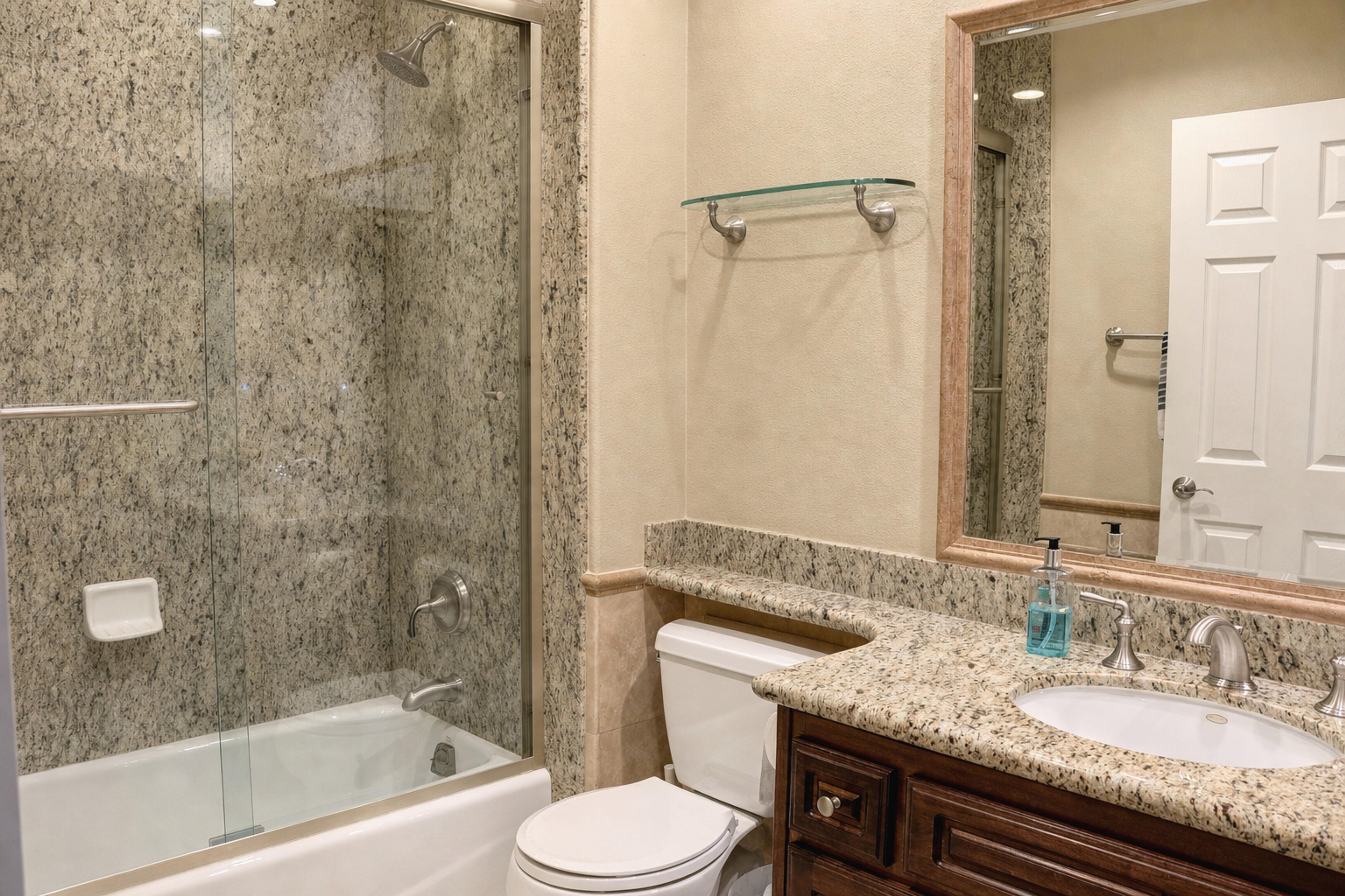 Full bathroom with shower-tub combination and granite vanity, Anaheim rental property