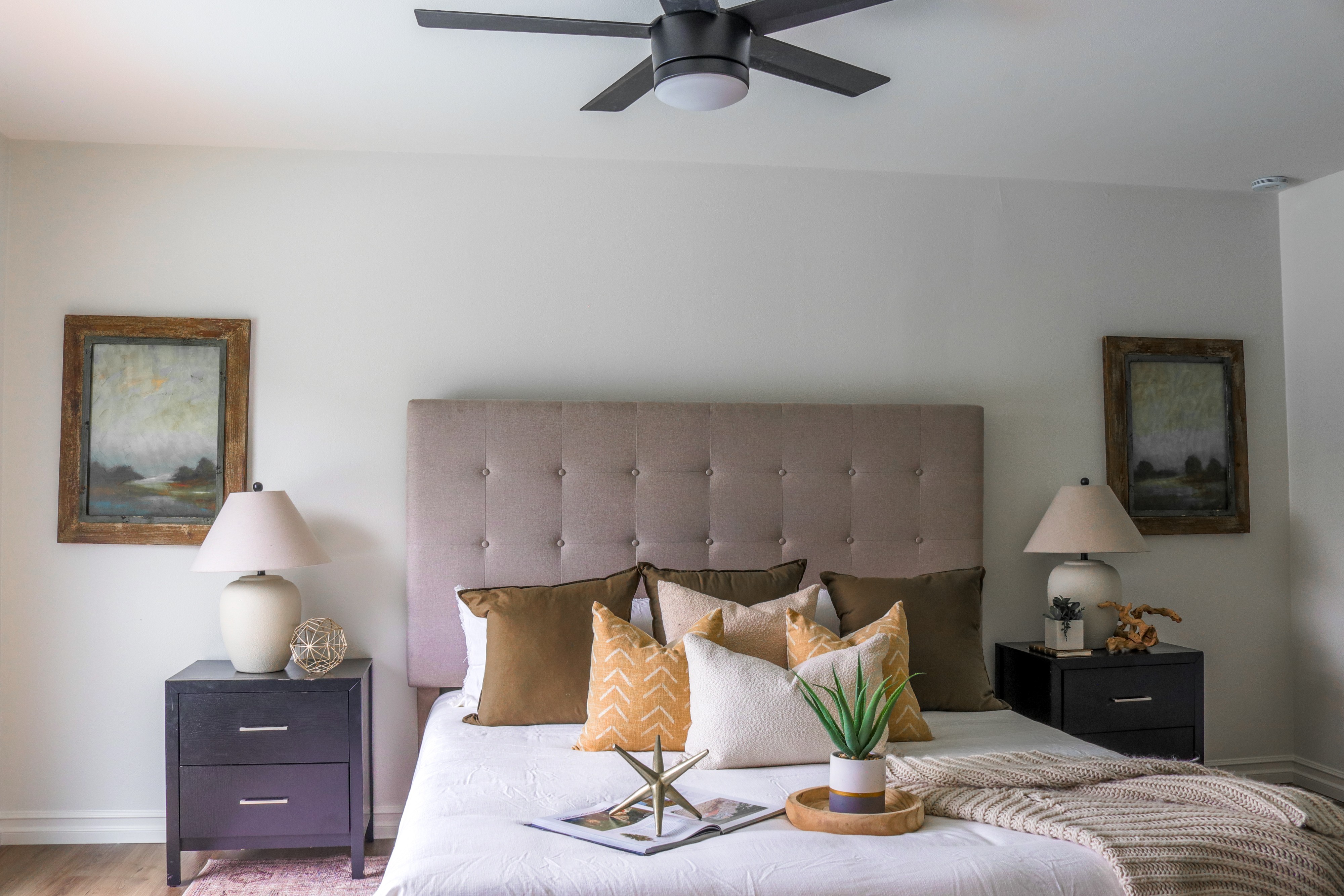 Bedroom with upholstered headboard and matching nightstands, Tustin residential listing