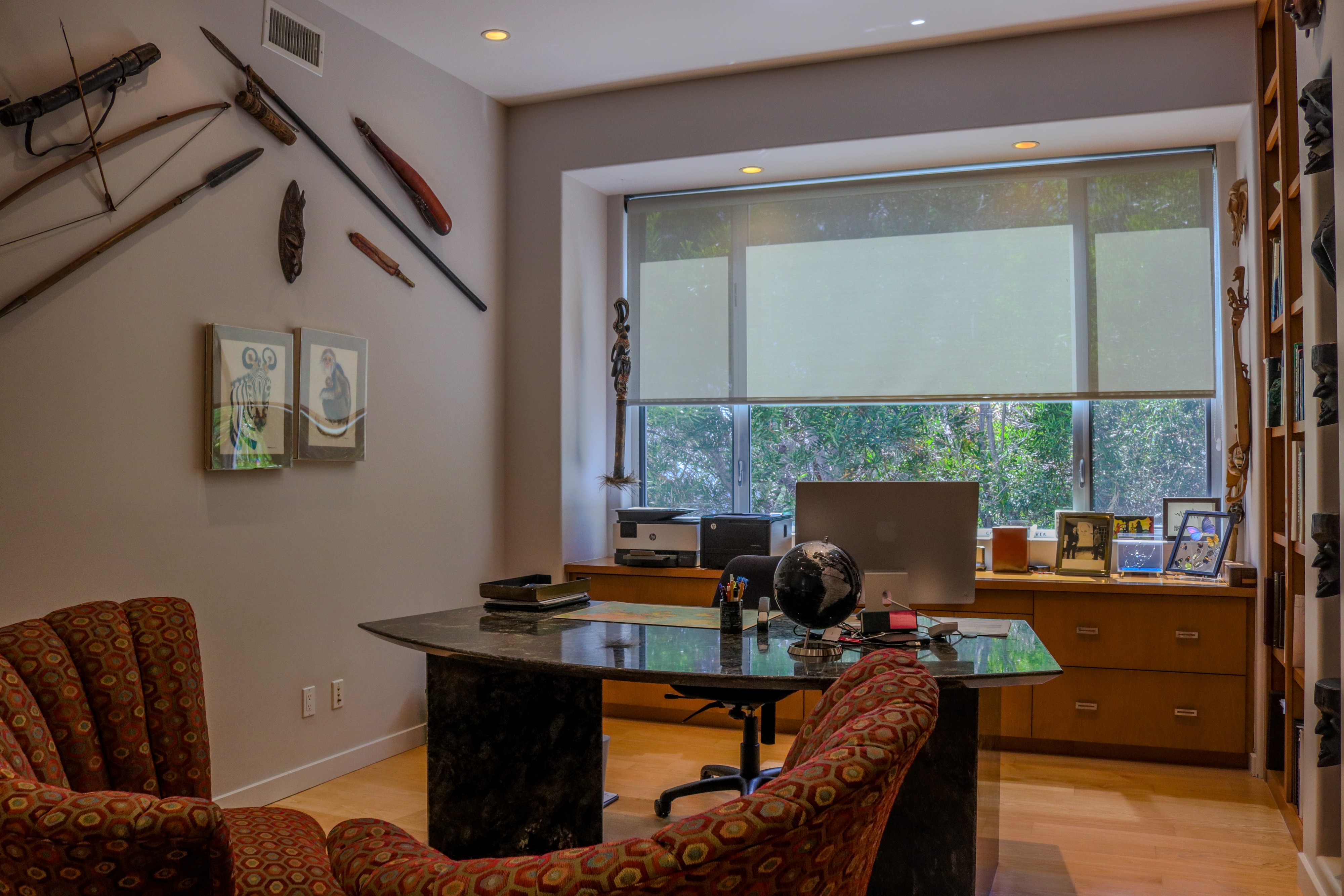 Study with desk and shuttered window overlooking the garden, Tustin hillside home