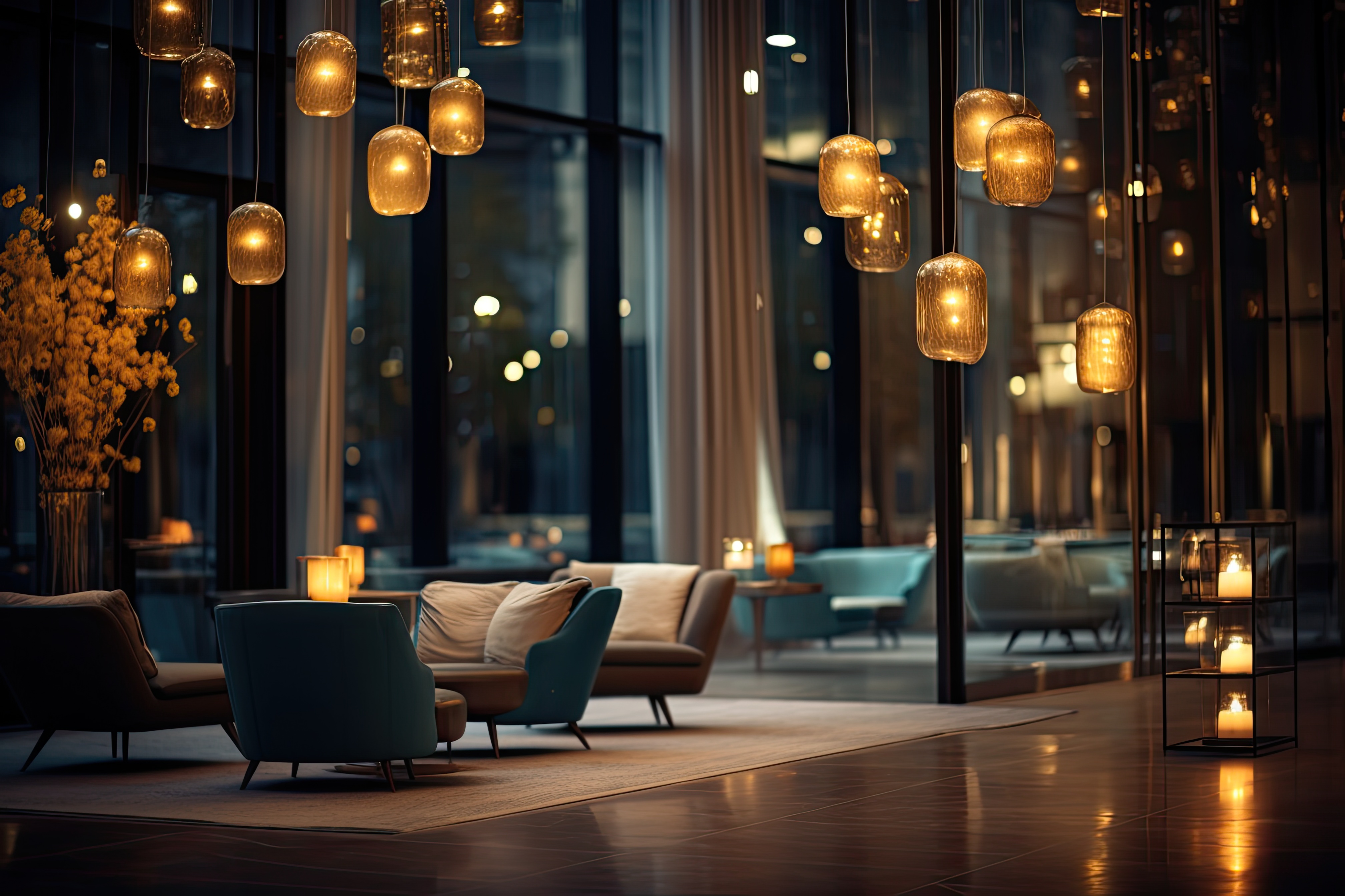 Warm evening lounge with hanging lanterns in a boutique hotel, styled for returning guests