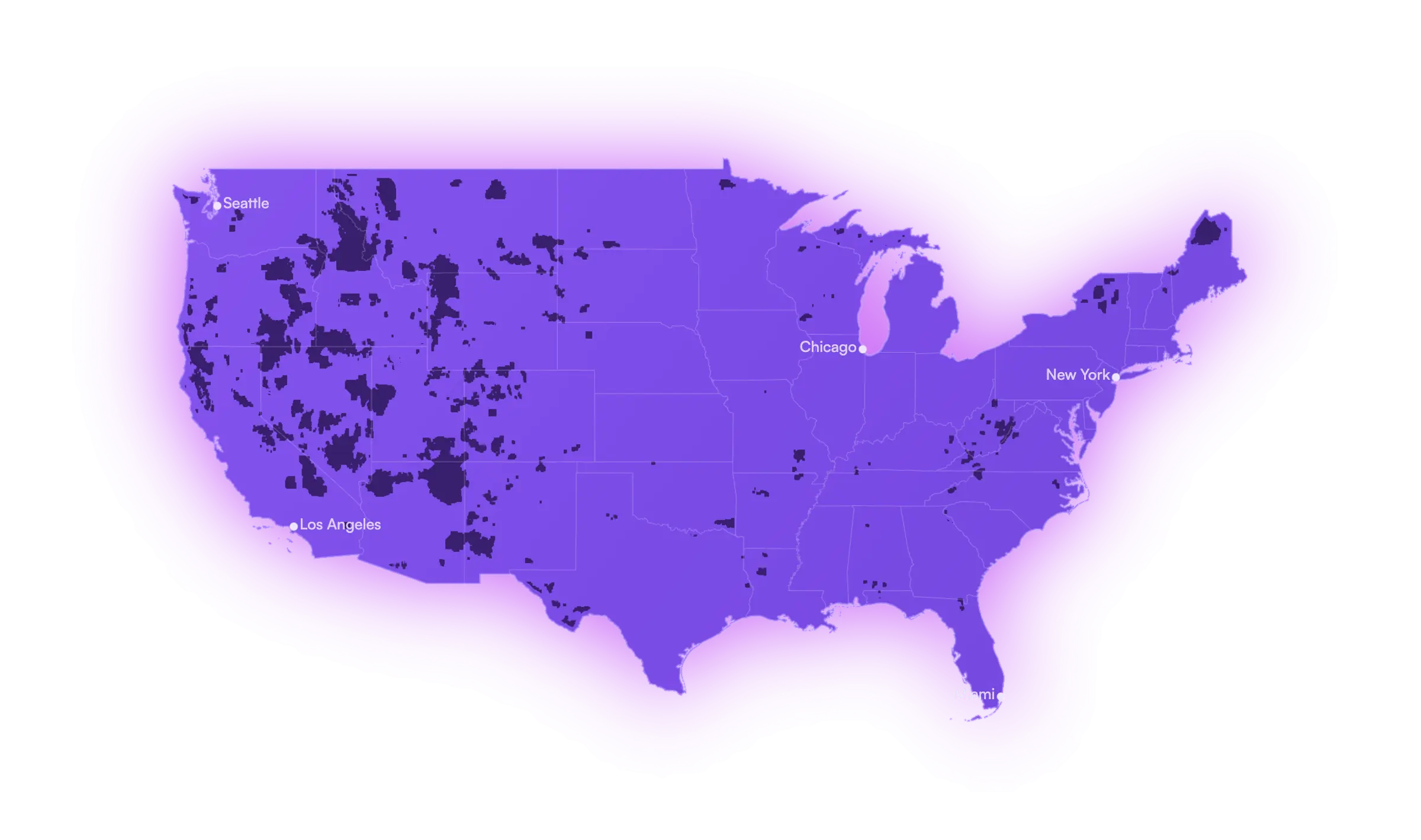 Map of the United States shaded to show Vetra's nationwide 5G coverage